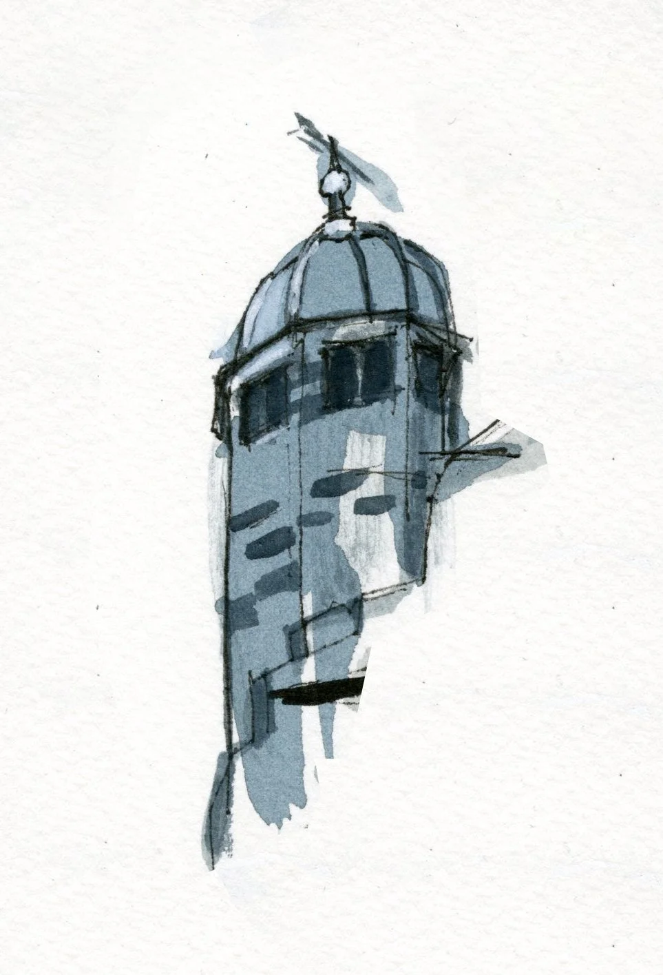 Watercolor painting of a building tower with a dome and a weather vane on top.