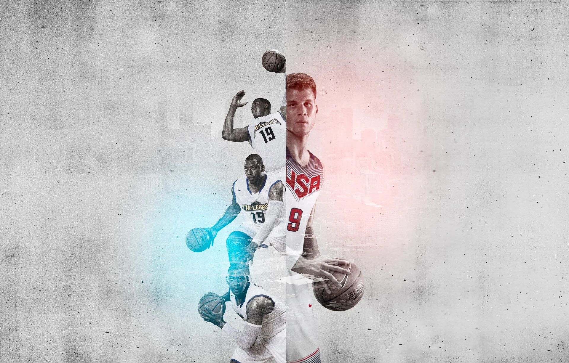 A NIKE OLYMPICS collage of basketball players in action, divided into two halves with different color tones, one side in black and white and the other in color, featuring players wearing USA jerseys.
