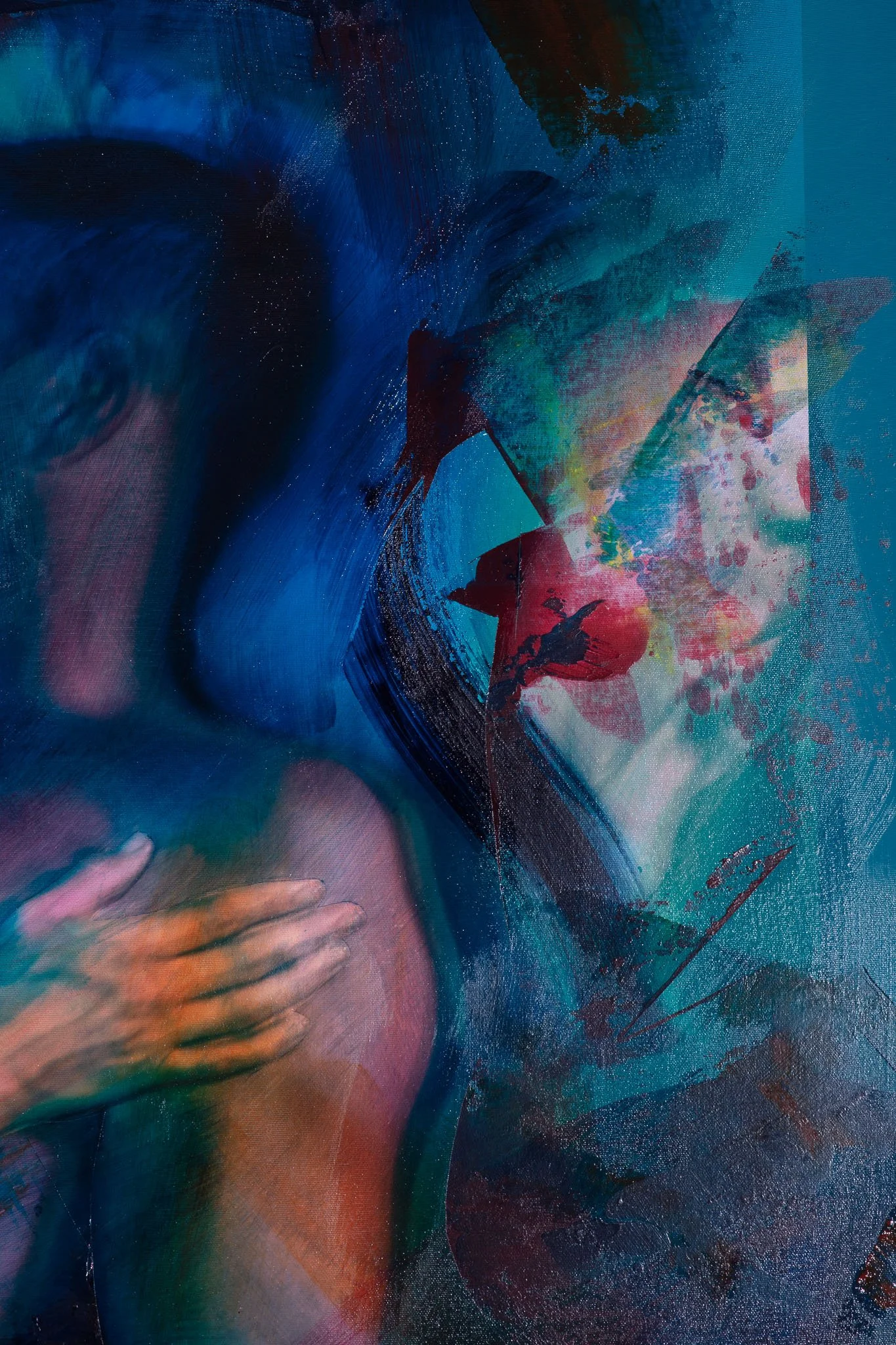 An abstract painting with vibrant colors, including dark blue, green, and pink, that depicts a partially obscured portrait of a woman with a hand resting on her shoulder.