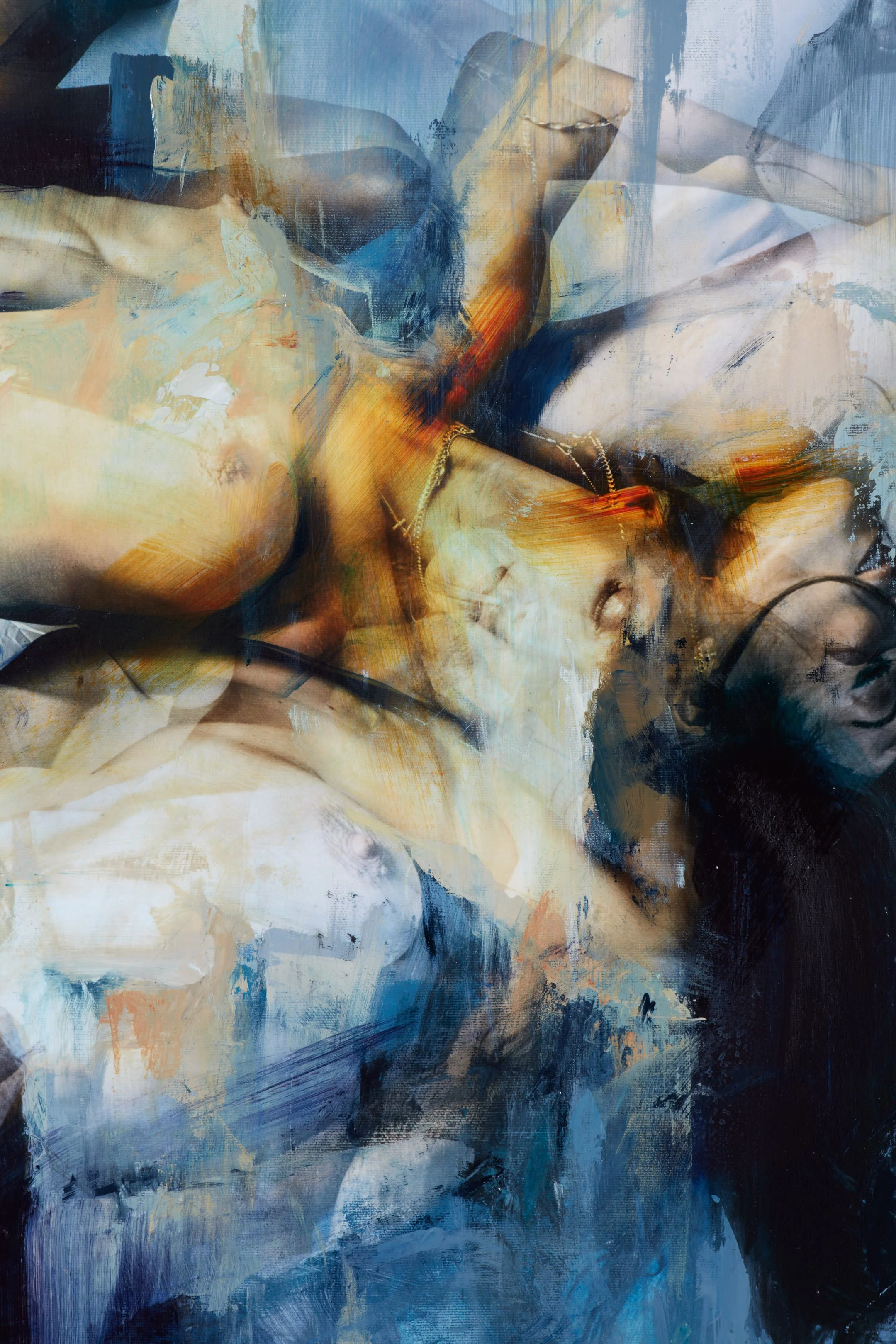 Abstract painting with blue, beige, and orange brushstrokes, featuring a faint human face silhouette and layered textures.