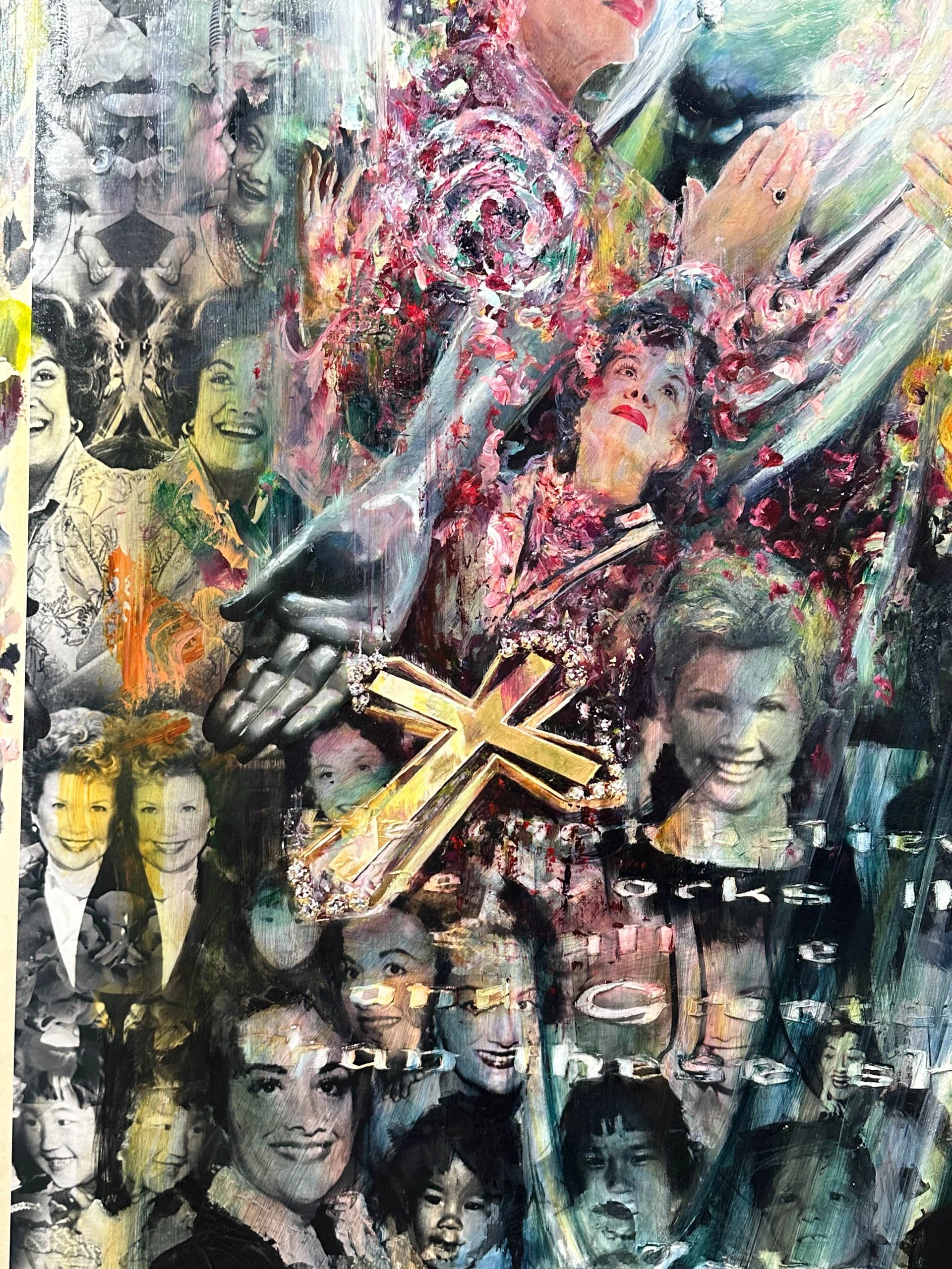 An abstract collage of vintage black-and-white and colored photographs of smiling women and children, with a gold cross in the center, painted with expressive brushstrokes and textured layers.