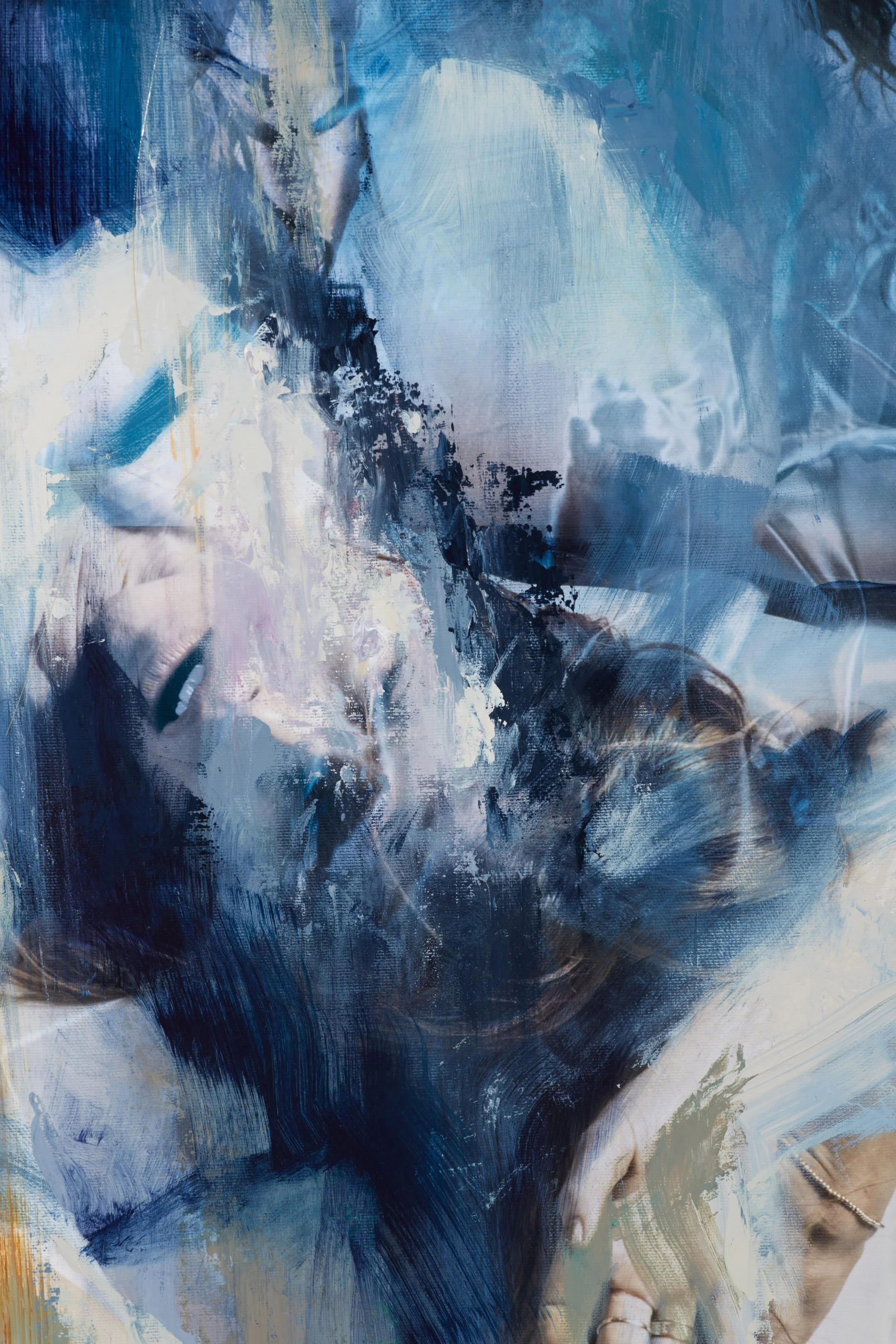 An abstract painting of a woman with long dark hair, lying down and resting her head on her hand, with shades of blue, white, and beige.