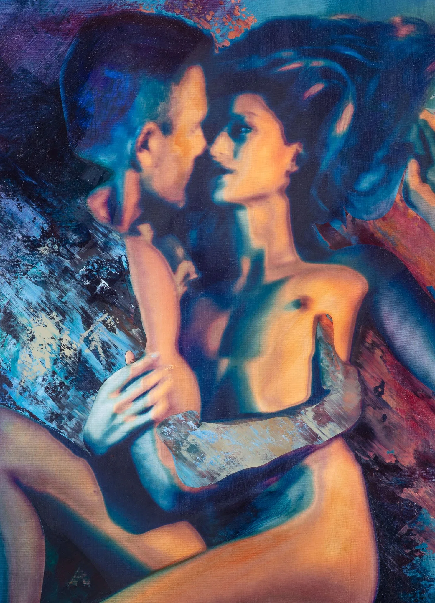 A colorful abstract painting of a man and woman gazing at each other without clothes, with their faces close and bodies intertwined.