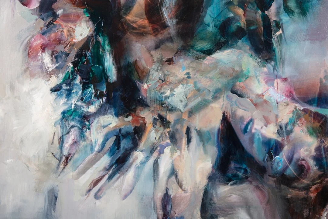 Abstract painting of two women in an intimate embrace, rendered in expressive, colorful brushstrokes.