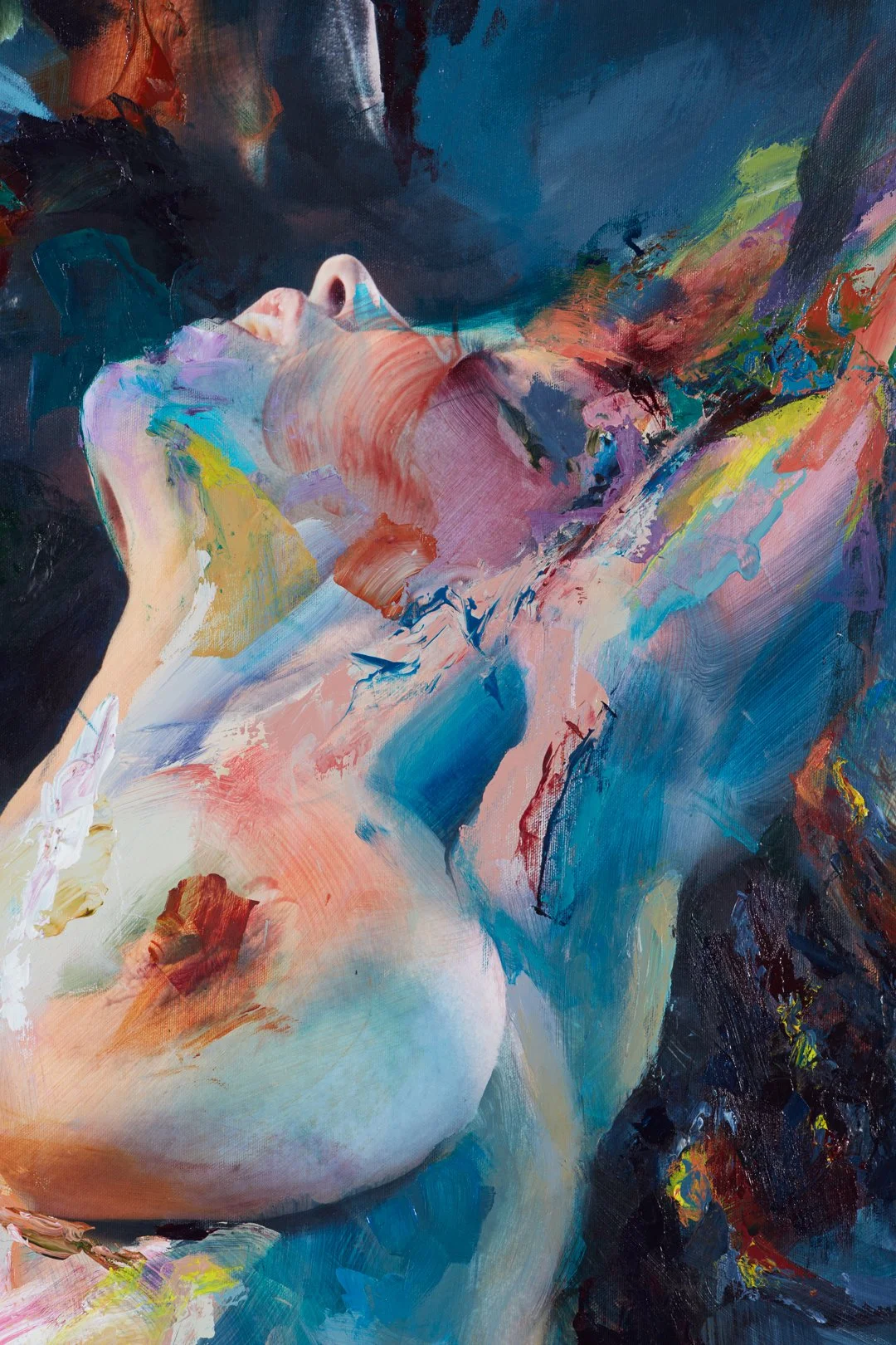 An abstract painting of a reclining woman with closed eyes, painted in vibrant and swirling colors, emphasizing her facial features and upper body.
