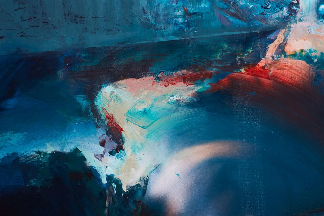 Abstract painting with swirling blue, teal, white, red, and pink brushstrokes.