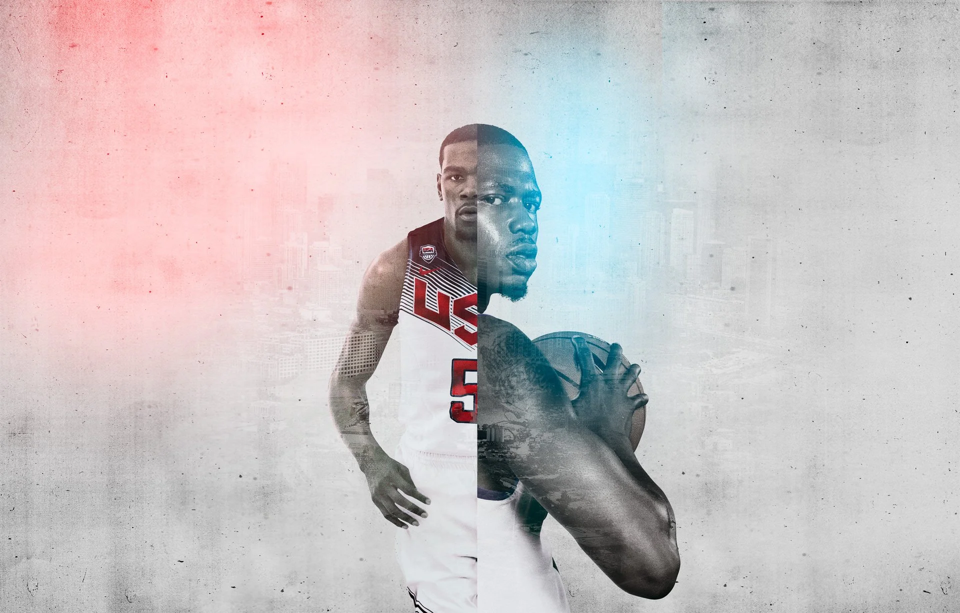 A digitally edited image blended with a young African American male athlete in a USA basketball uniform holding a basketball, with a cityscape and abstract background, divided into red and blue color halves.