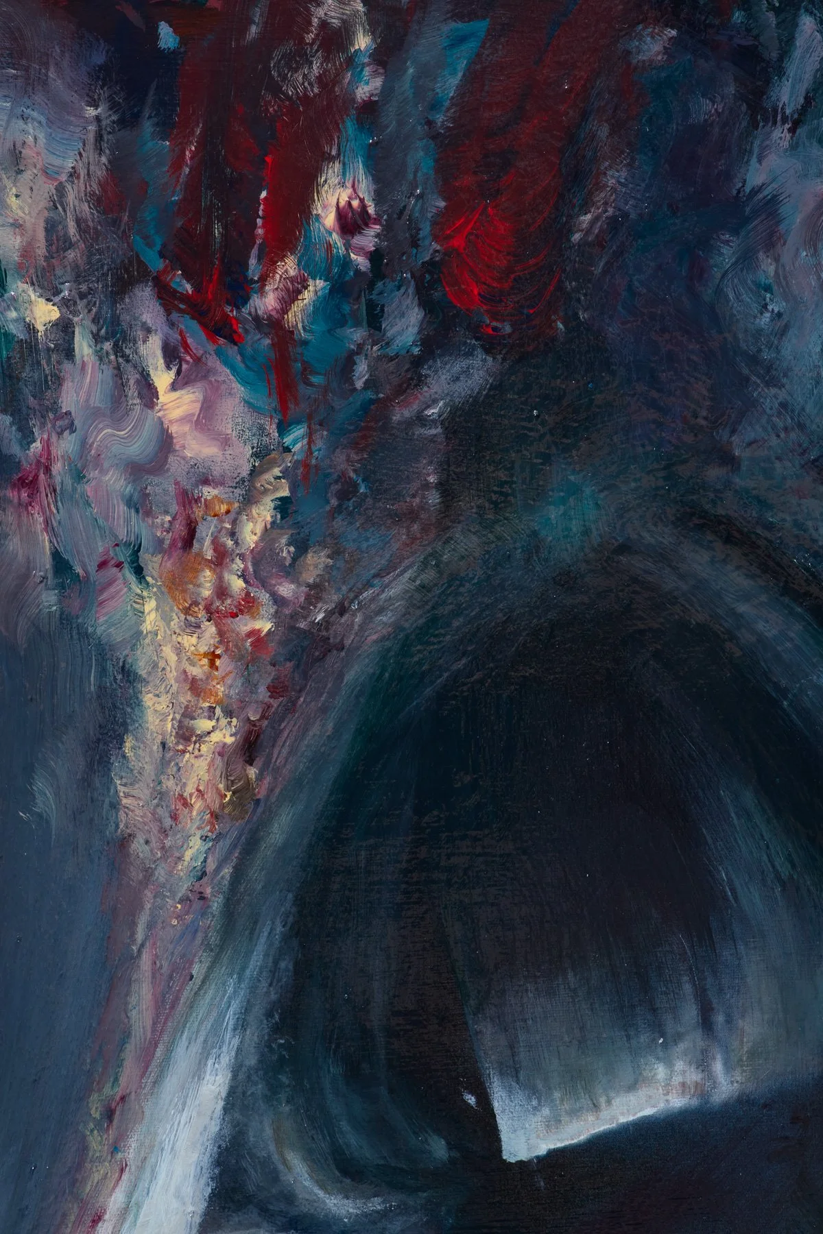 Abstract painting with dark blue, red, purple, and ivory brushstrokes.