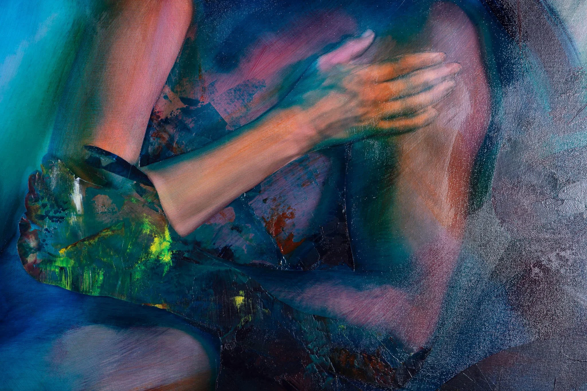 An abstract painting featuring a human arm and hand, with vivid colors and textured brushstrokes.