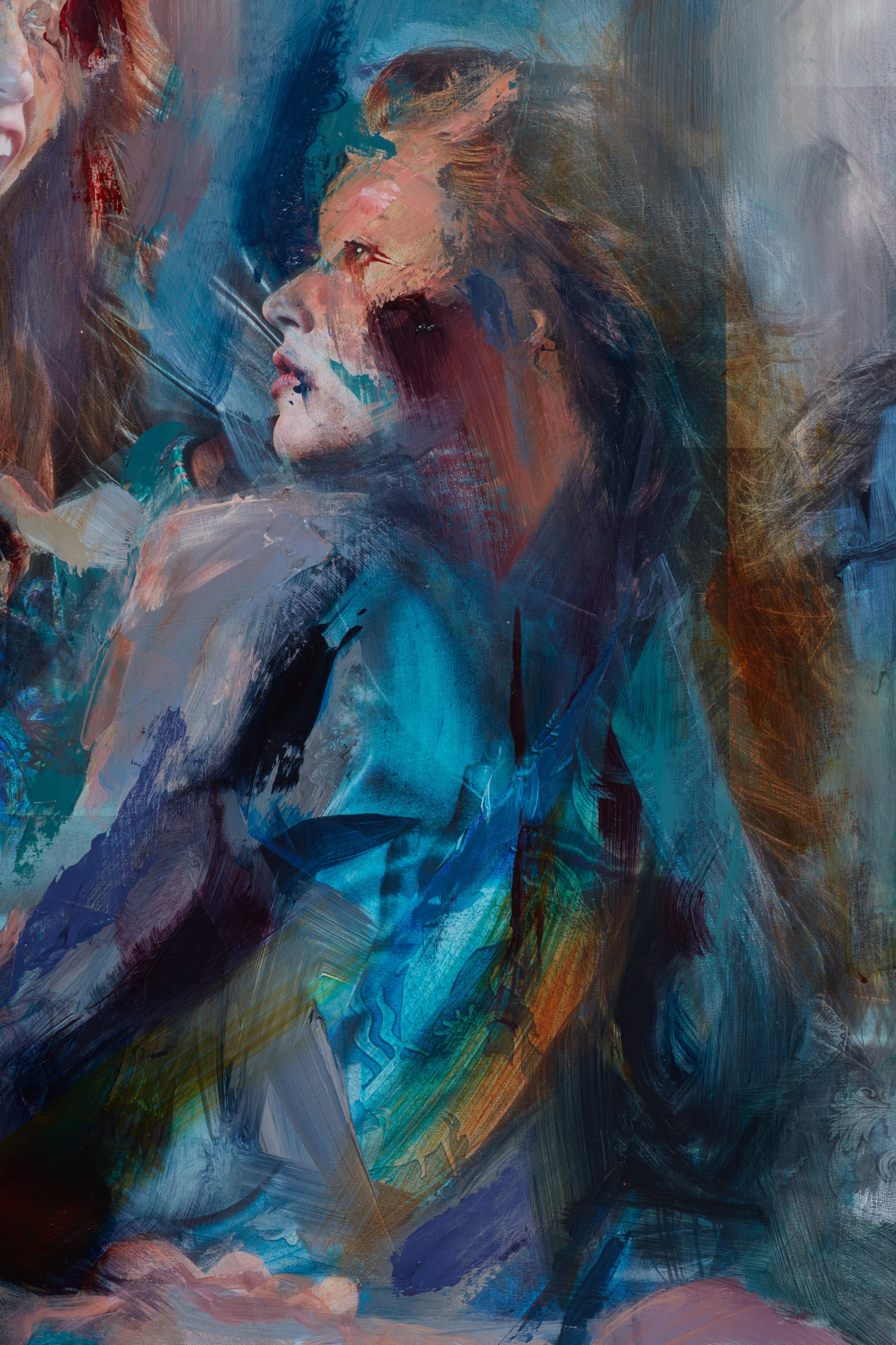 Abstract painting of a woman with long, wavy hair, depicted in shades of blue, red, and brown with energetic brushstrokes.