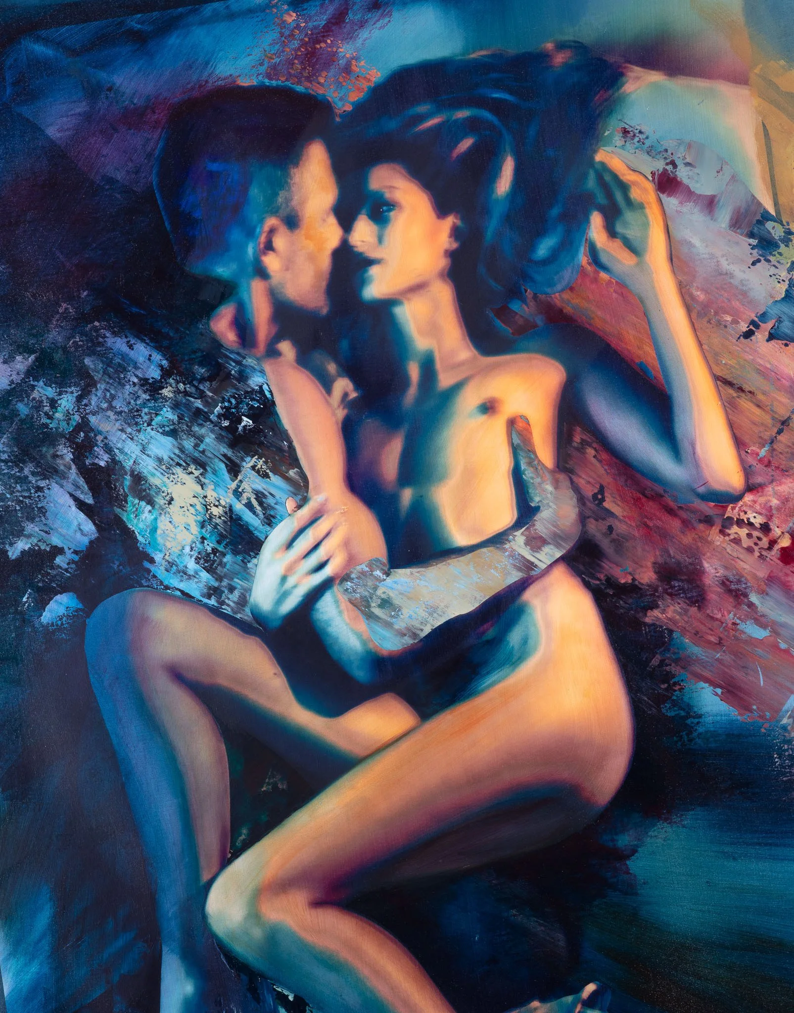 An abstract painting of a man and woman lying close together, with the woman holding a mirror. The artwork uses vibrant colors and dynamic brushstrokes.