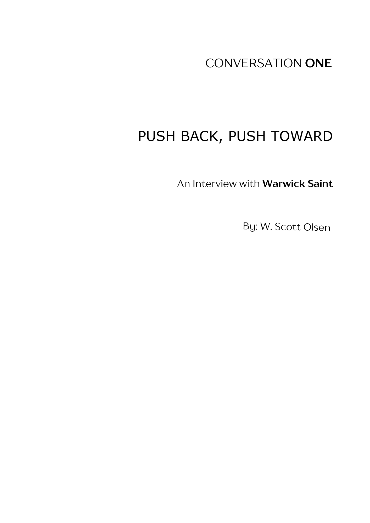 Book cover titled 'Conversation One: Push Back, Push Toward, An Interview with Warwick Saint' by W. Scott Olsen.
