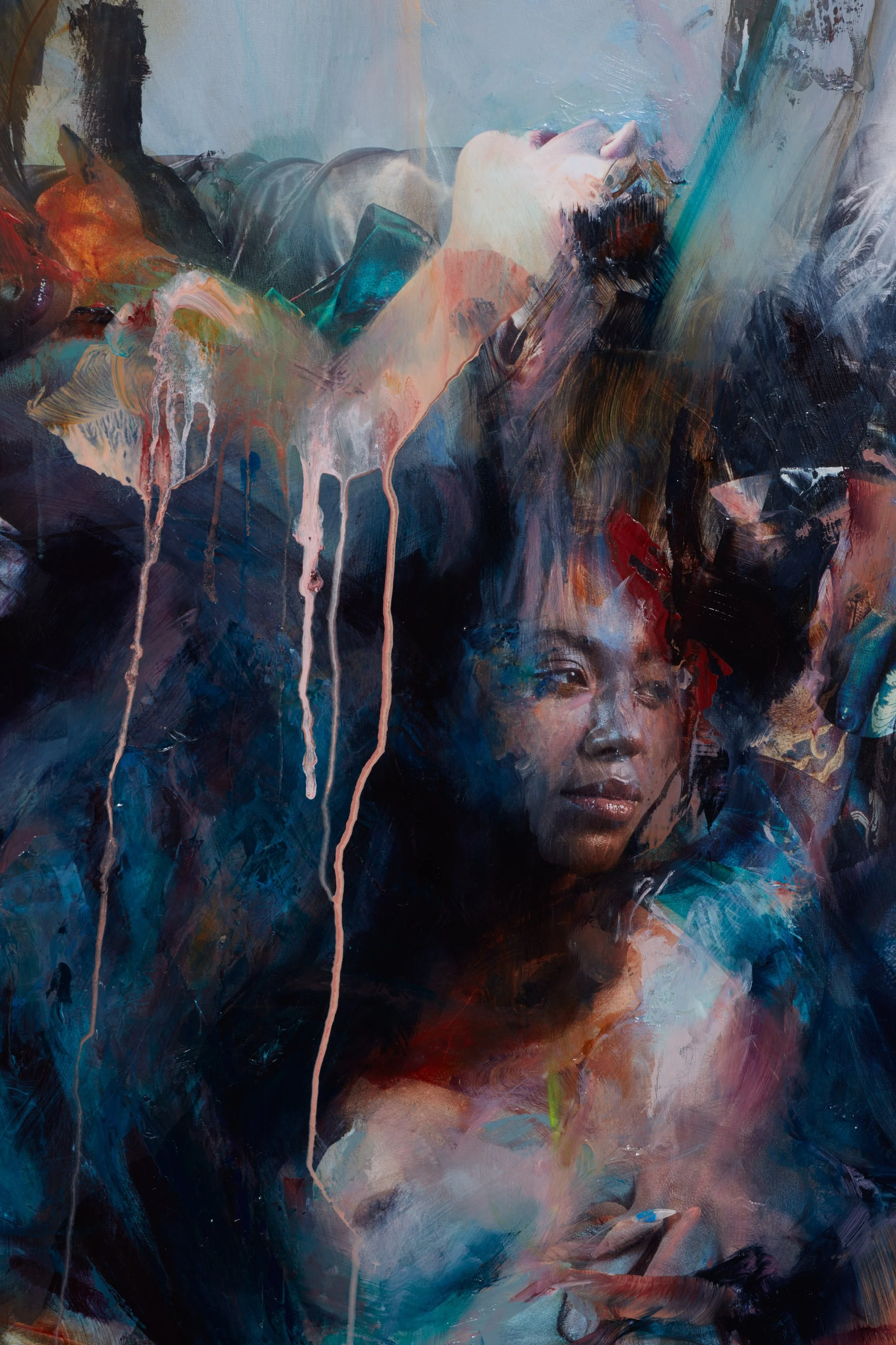 A mixed media artwork featuring a woman with dark hair, portrayed with abstract and colorful brushstrokes, some dripping paint, and a blend of realistic and abstract elements.
