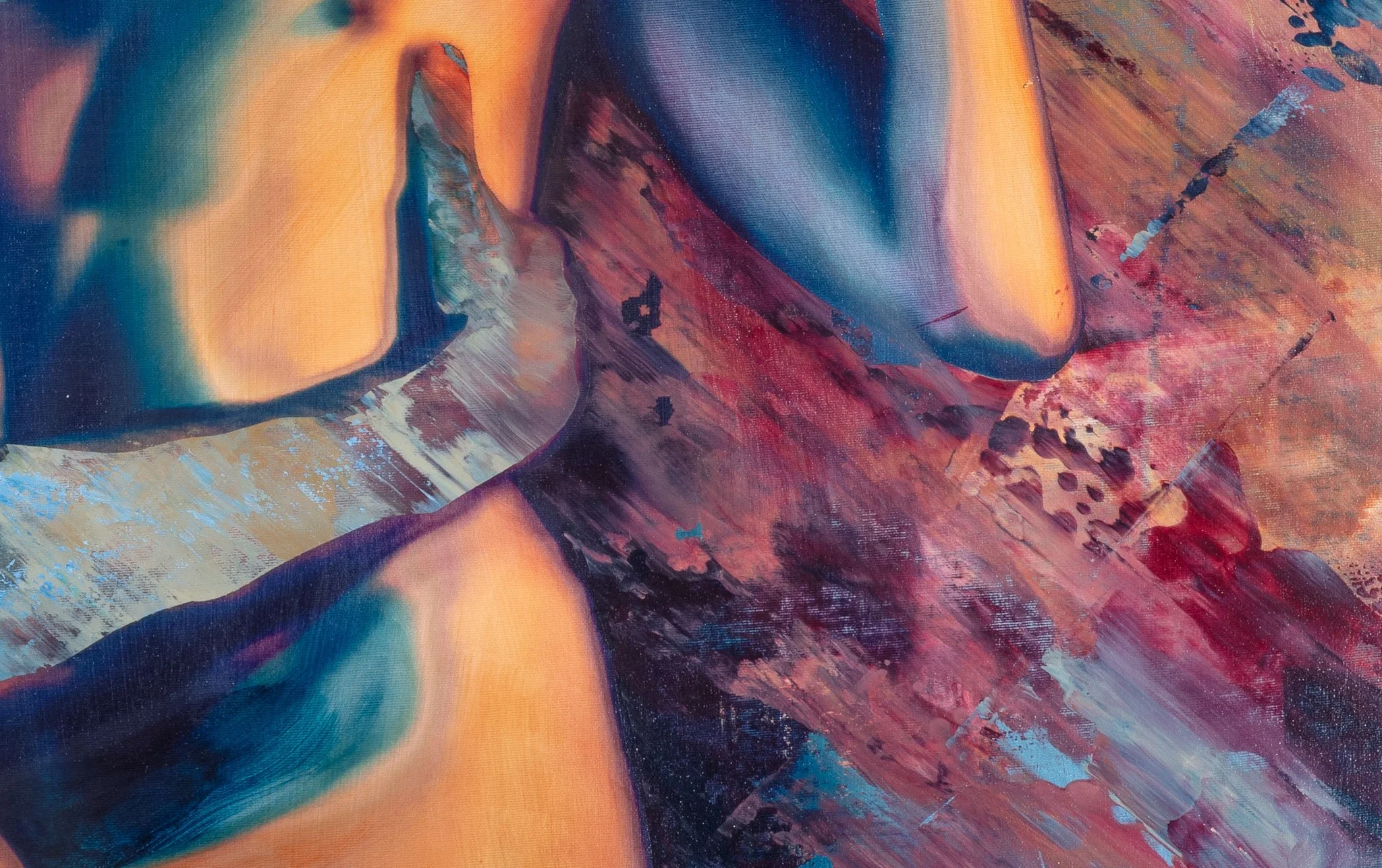 Close-up view of a woman painting abstract art on a canvas with vibrant colors, including shades of purple, blue, orange, and red.