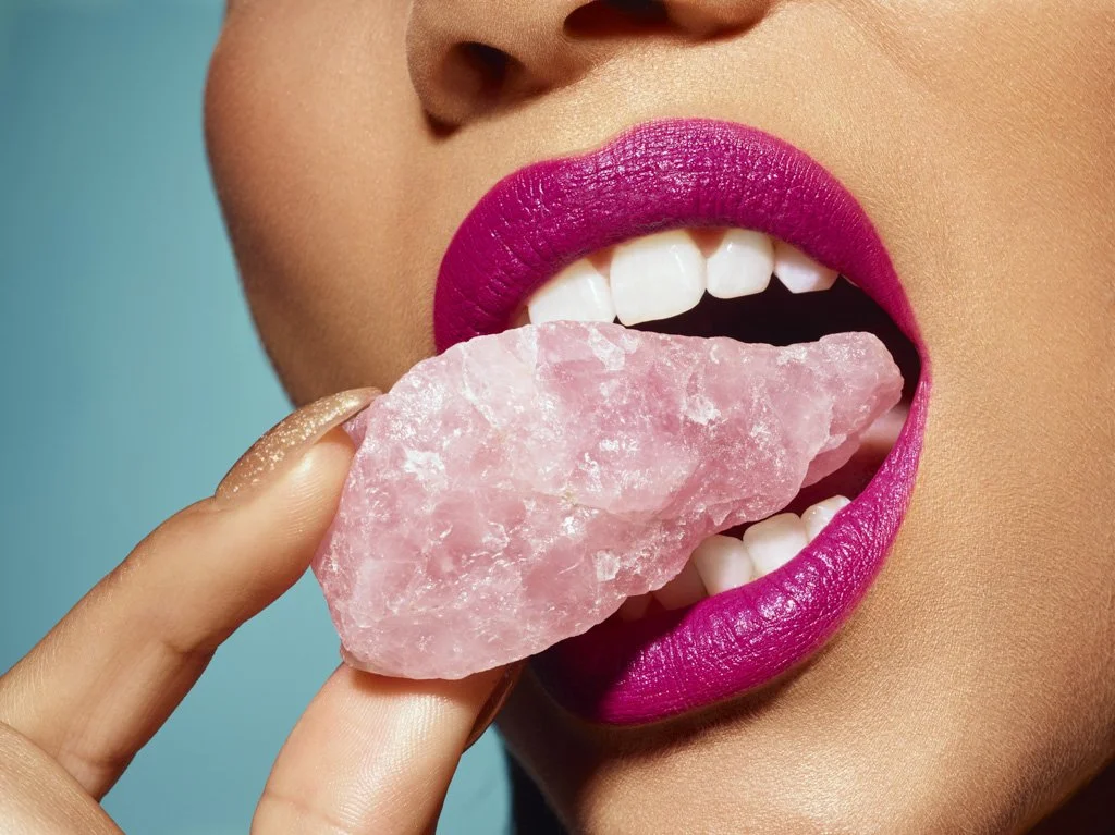 Close-up of a woman with vibrant pink lipstick, biting into a large pink crystal or mineral.