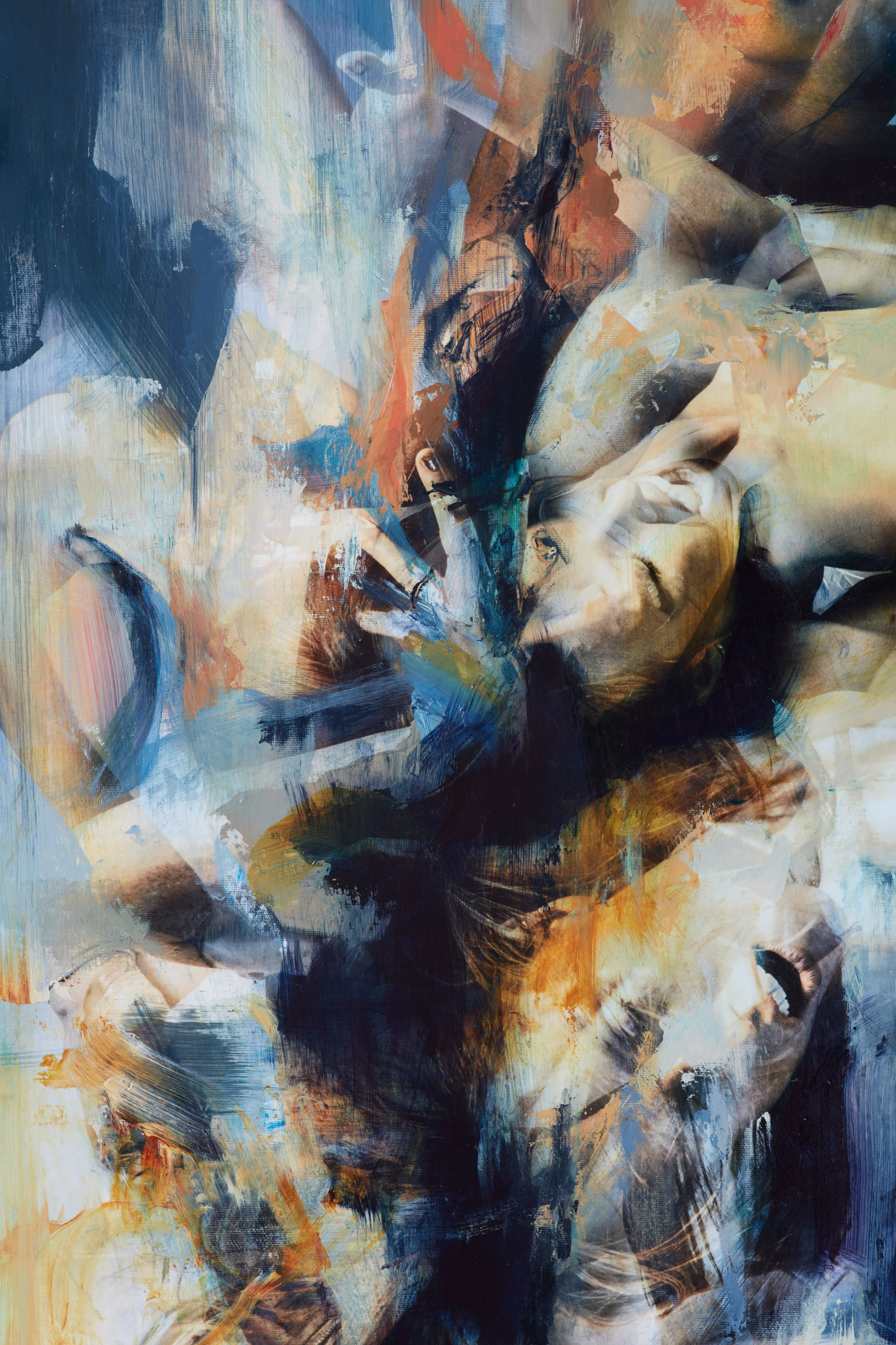 An abstract collage painting of a woman’s face blending with brushstrokes and colors like blue, orange, black, and beige.