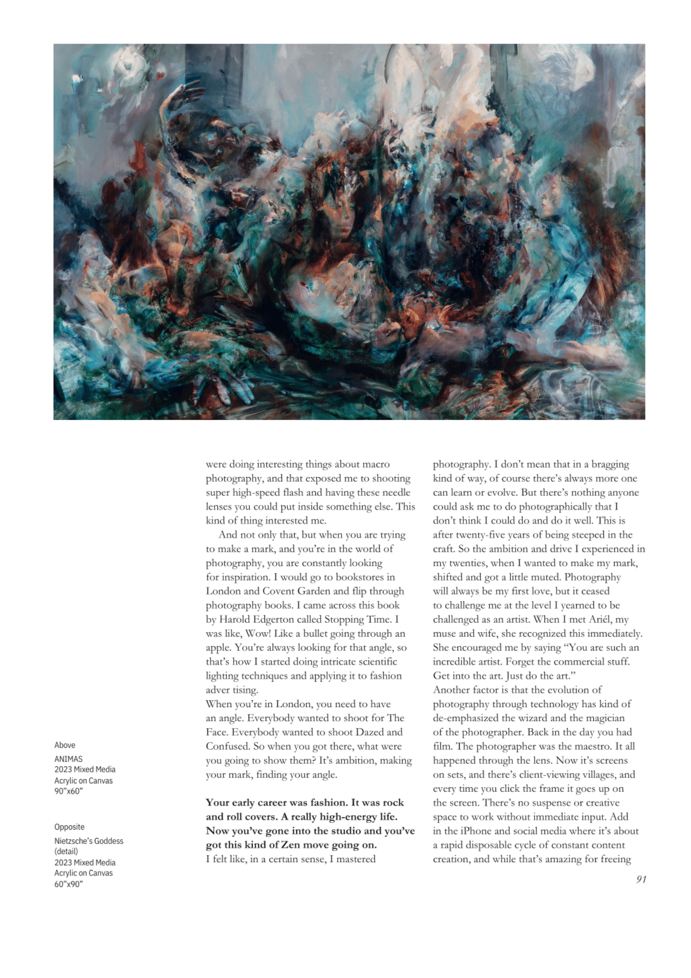 Abstract art painting with swirling colors and distorted human figures