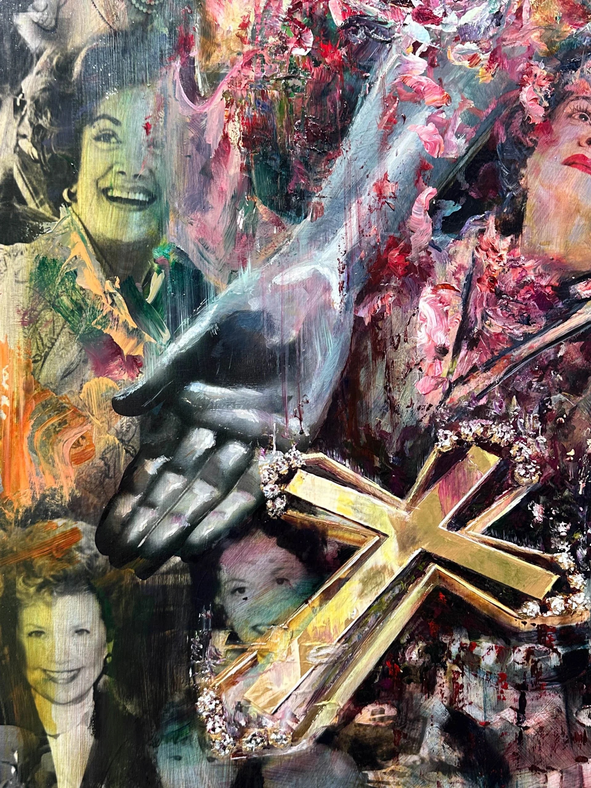 An abstract collage artwork featuring images of women, a hand pointing, a cross, and vibrant floral and textured elements, combining photography and painting.