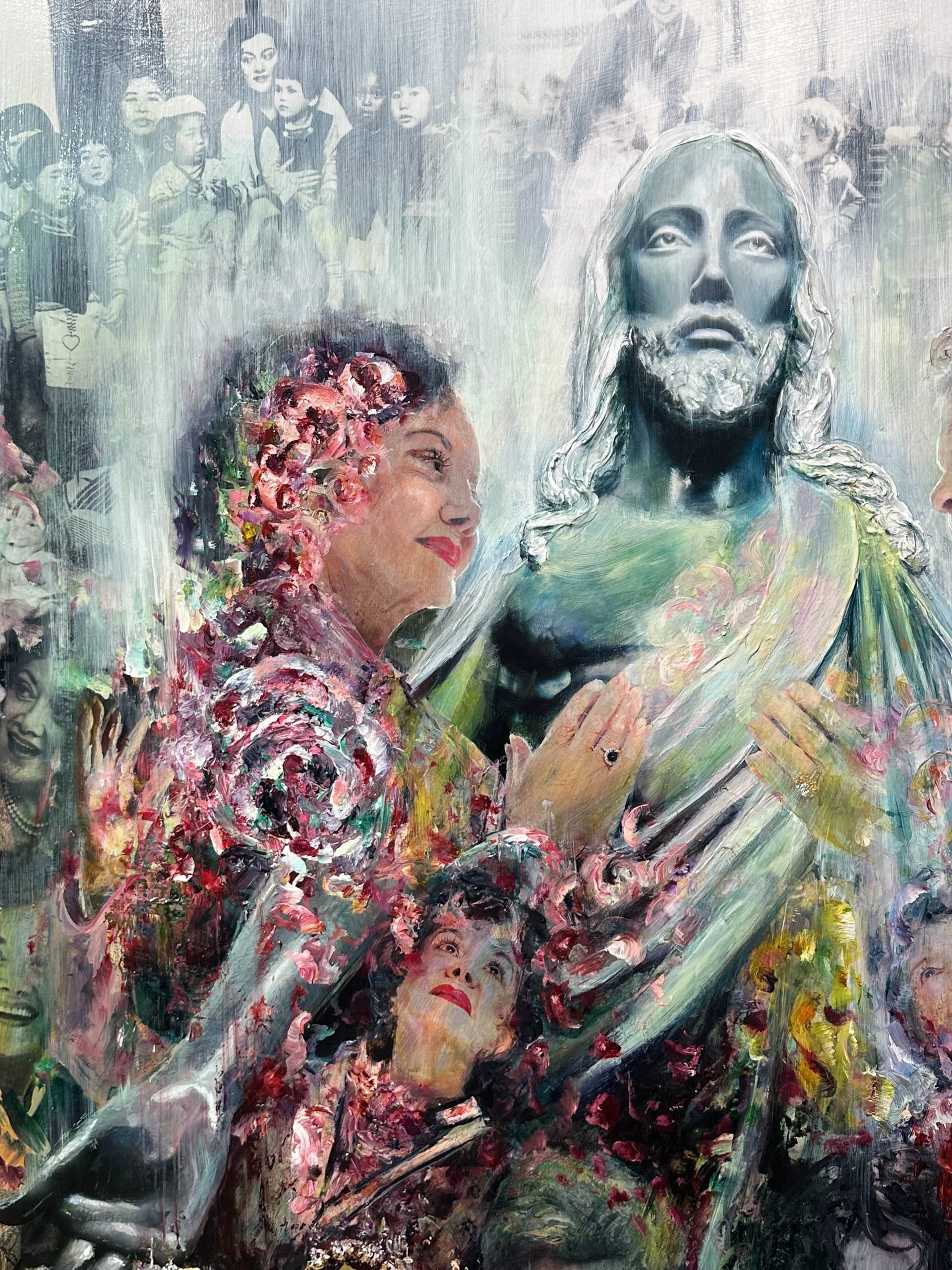 A colorful, abstract painting of Jesus Christ surrounded by women, smiling and looking up, with a grayscale background of children and other faces.