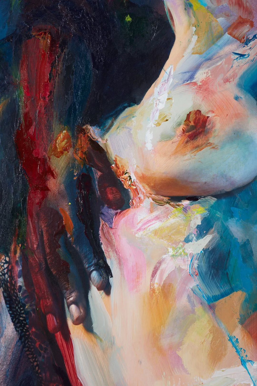 Abstract painting with bold brushstrokes, featuring dark reds, blues, blacks, and touches of light pink, peach, and white, creating a dynamic and expressive composition.
