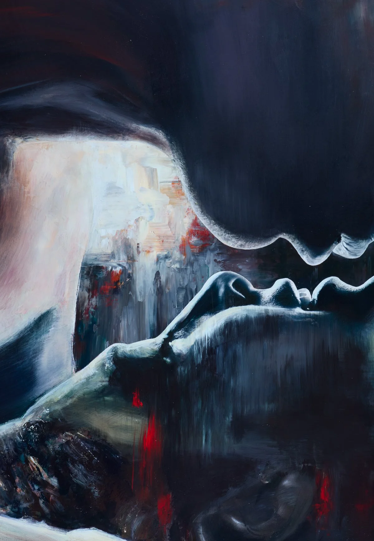 Painting of two people about to kiss with abstract cityscape in the background, use of dark and light colors.