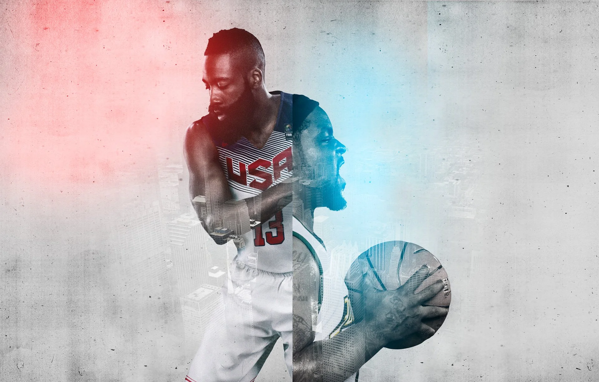 A composite image of NIKE OLYMPICS two basketball players, one from the USA team and one possibly from the Minnesota Timberwolves, with a cityscape overlay and a gradient background.