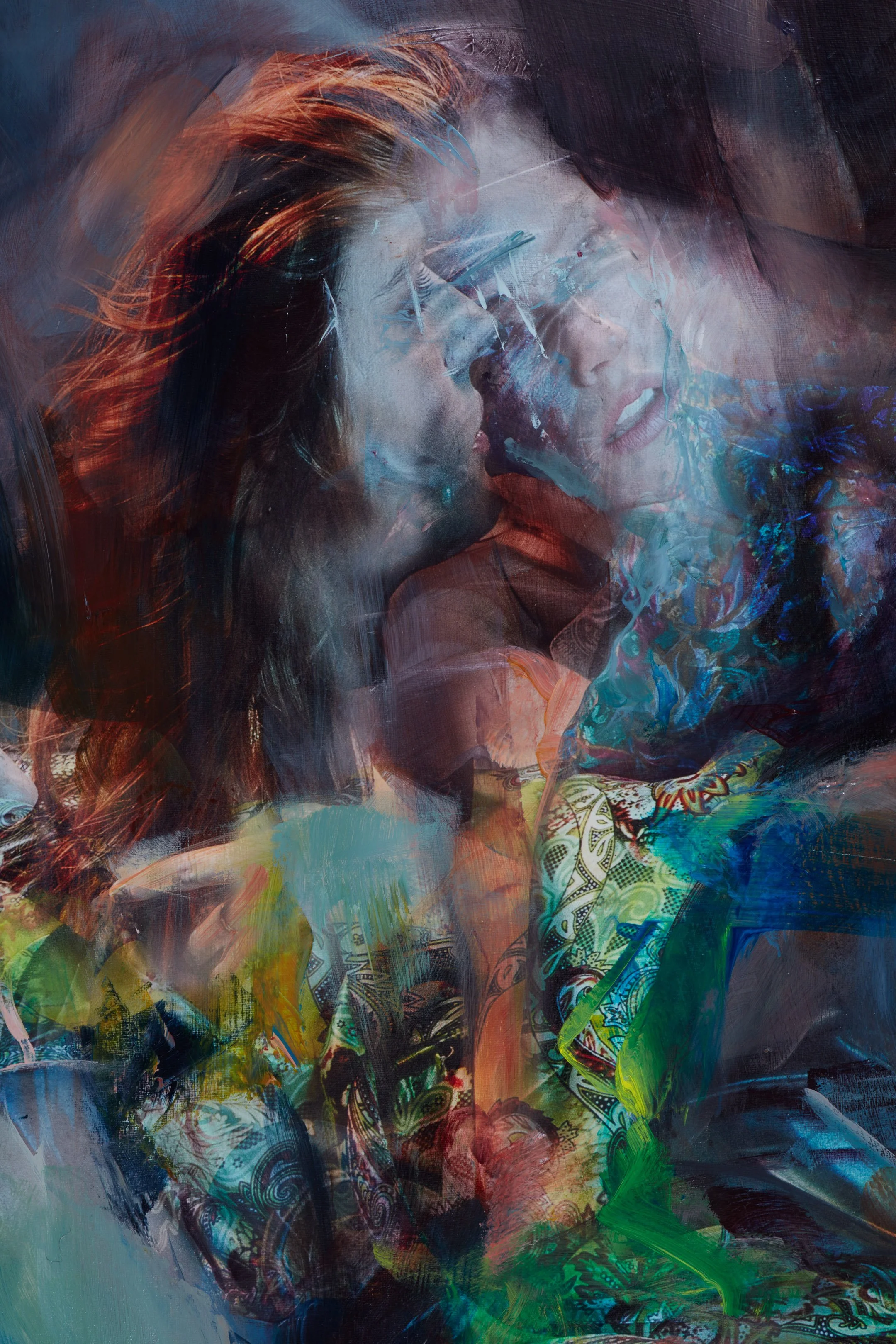 Overlapping portraits of a man and woman with vibrant, abstract paint strokes creating a layered, artistic effect.