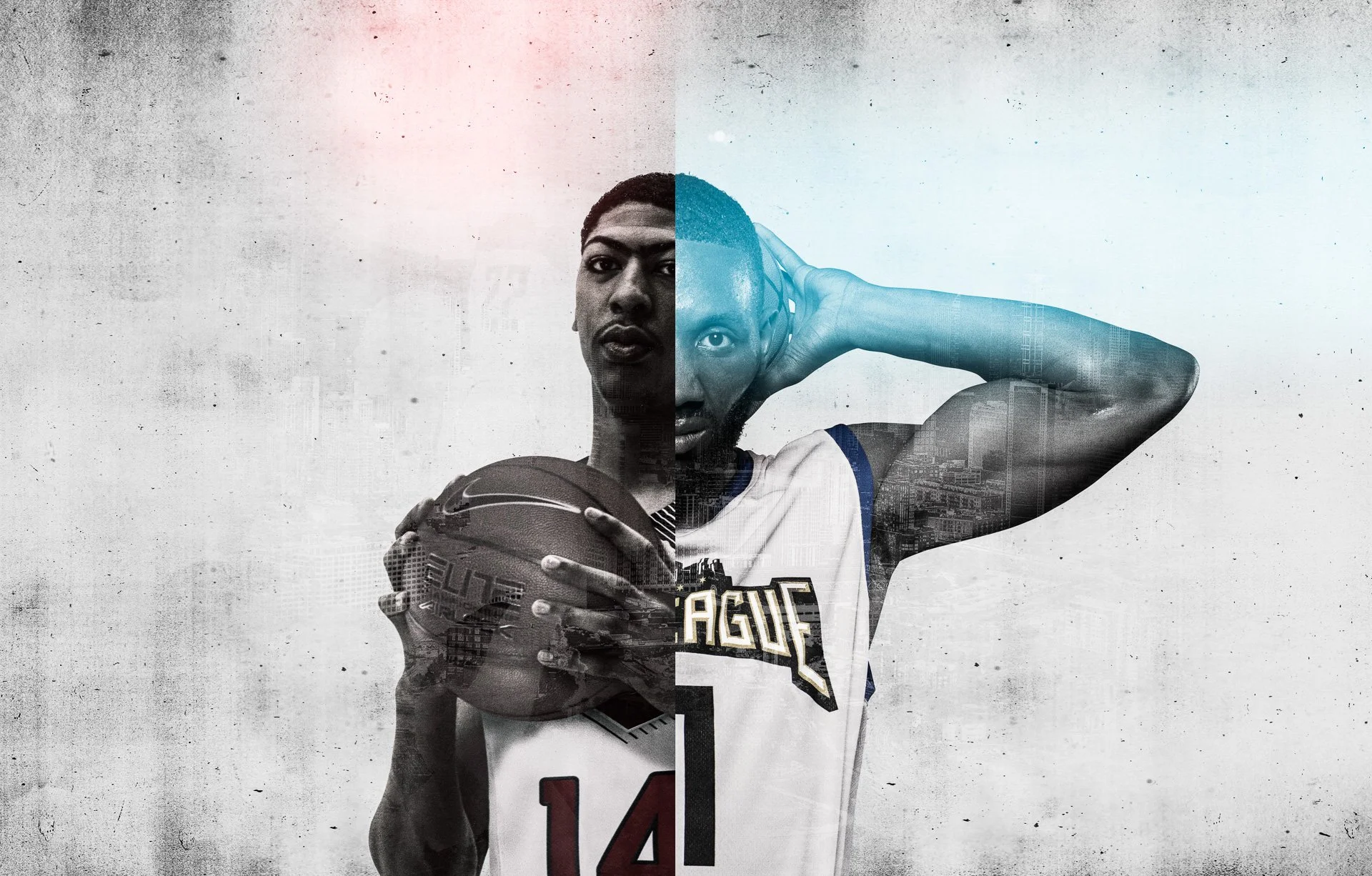 A mixed-media image of a NIKE OLYMPICS male basketball player holding a basketball in both black-and-white and color. 