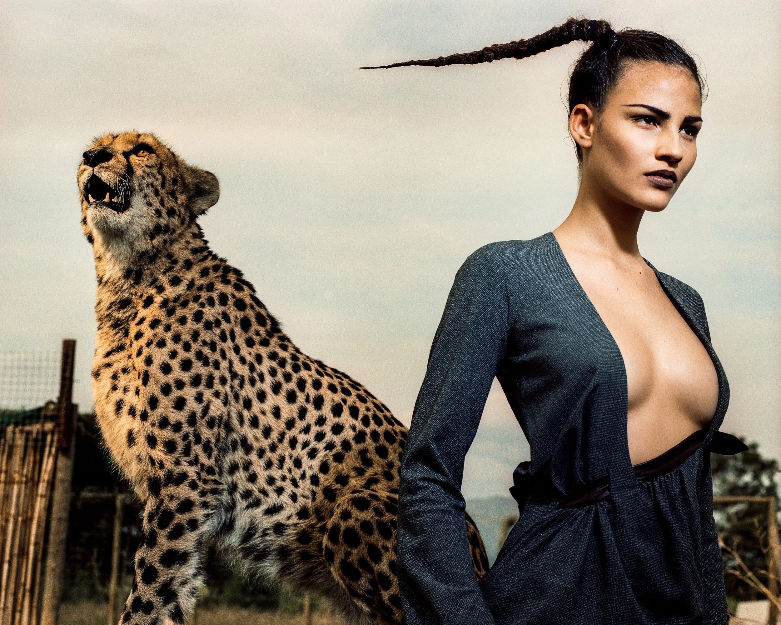 A woman with a braided ponytail standing outdoors next to a roaring cheetah, with a cloudy sky and a fence in the background.