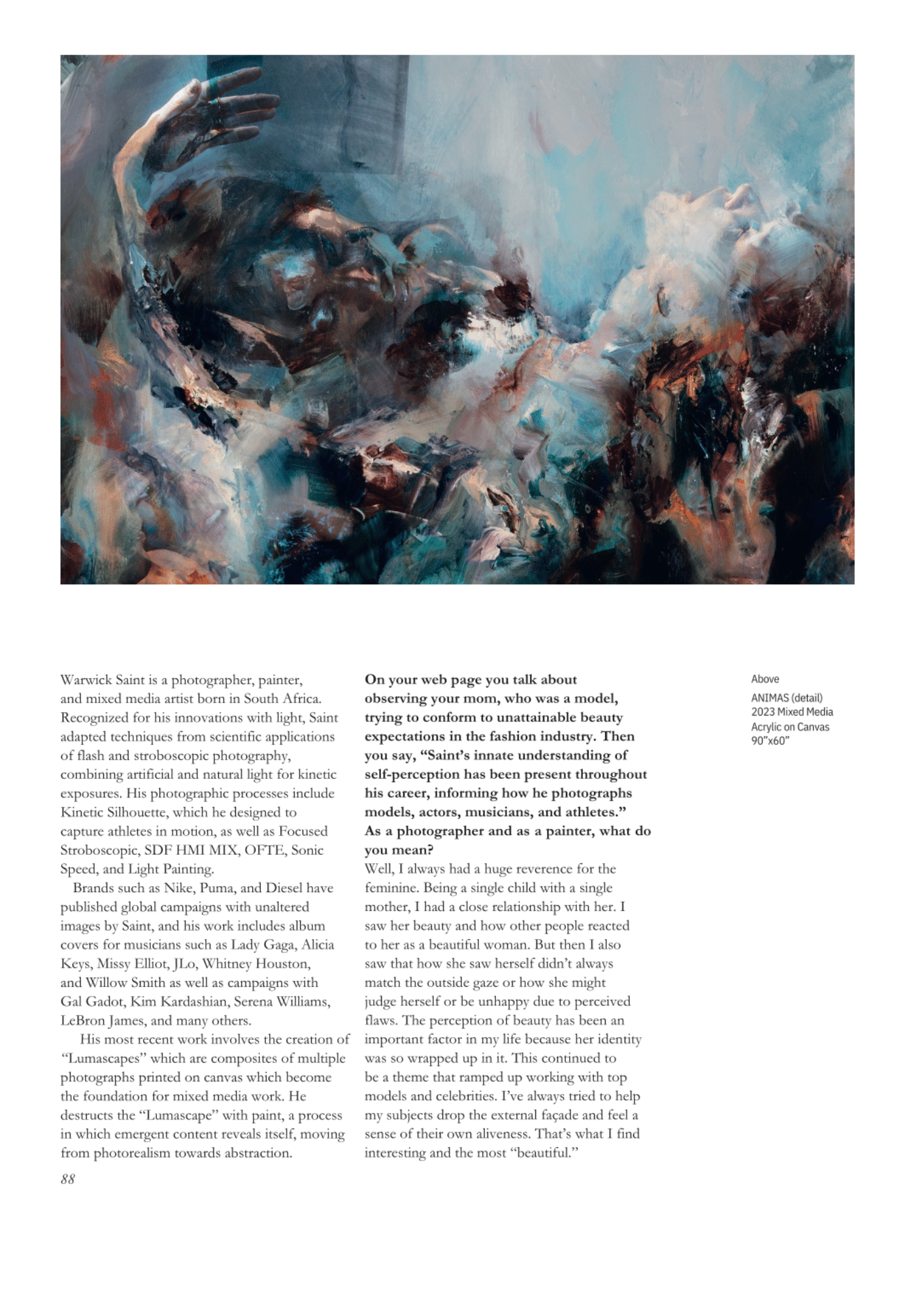 Abstract painting of multiple overlapping faces created with acrylic on canvas, featuring shades of blue, brown, and white.