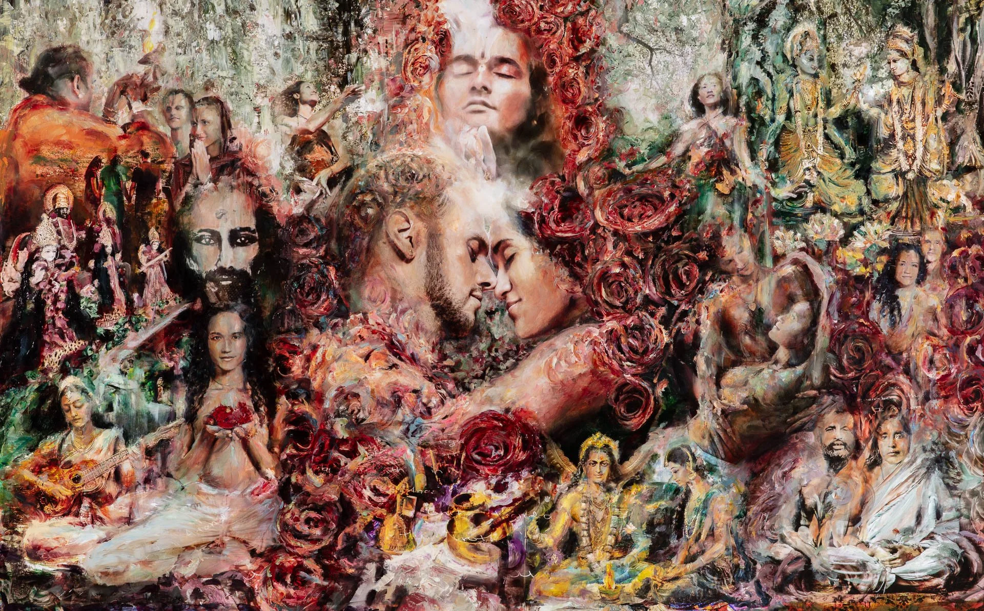 A vibrant, colorful collage depicting various scenes including a central romantic couple surrounded by numerous figures and elements representing love, spirituality, and cultural symbols, with a predominant use of roses and artistic styles.