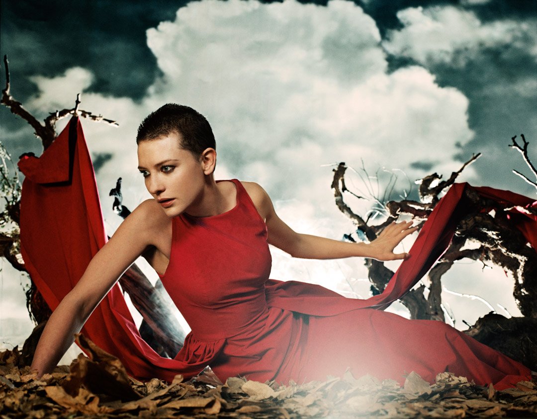 CATE BLANCHETT in a red dress lying on the ground with dry leaves, surrounded by twisted barren trees, under a cloudy sky.