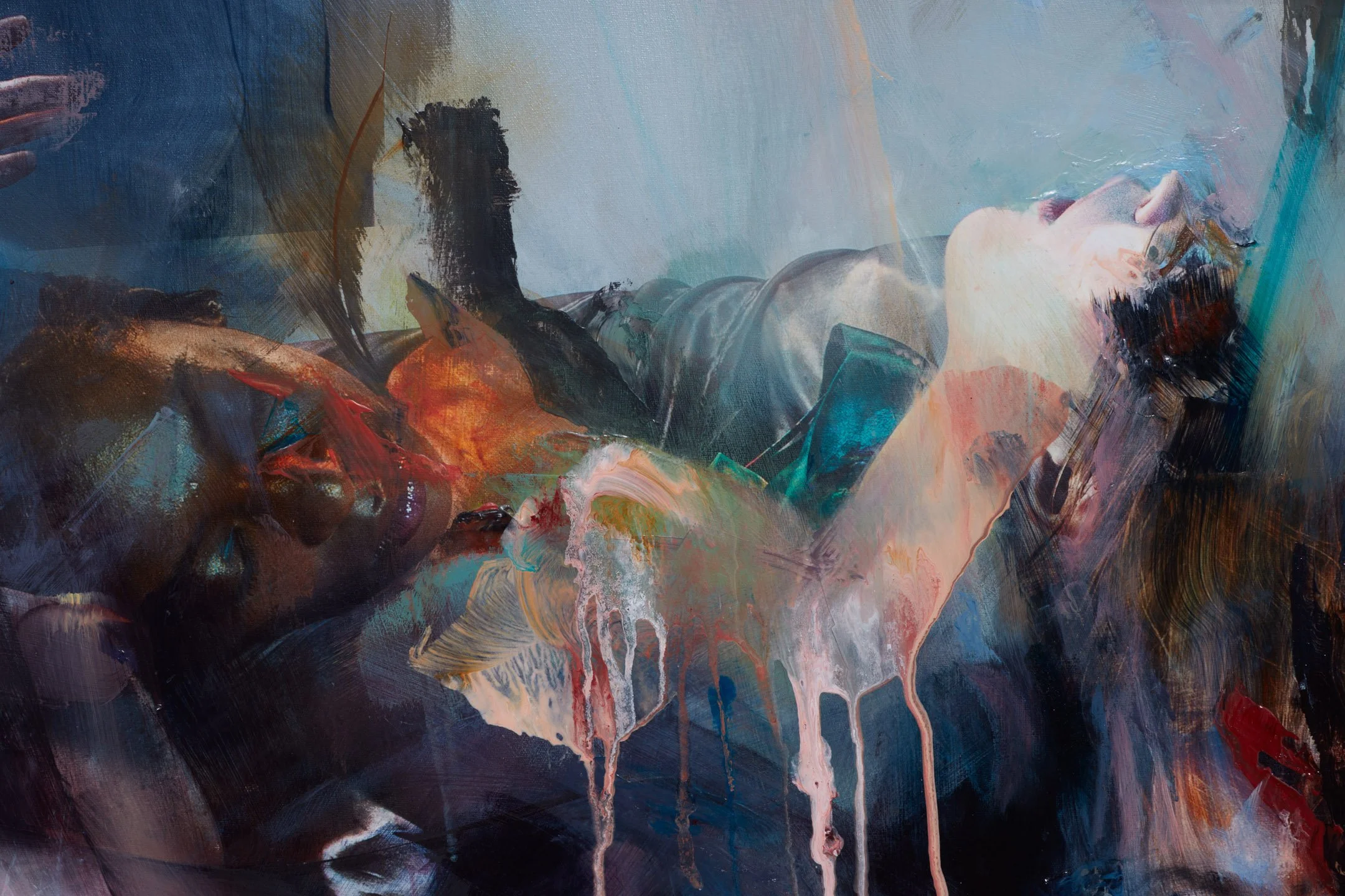 An abstract painting of a reclining woman with closed eyes, with drips of paint and bold brushstrokes in dark and vibrant colors.