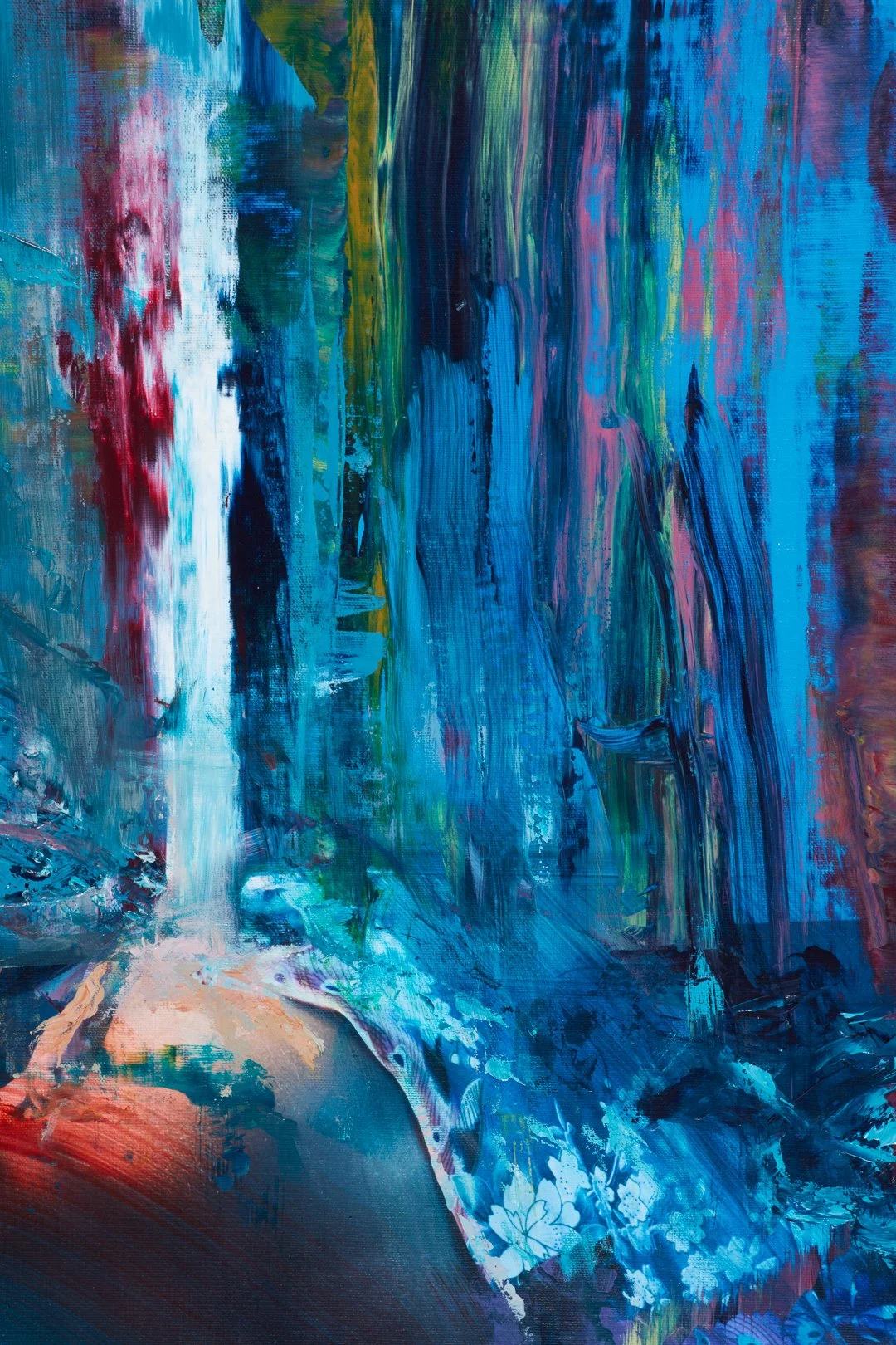 Abstract painting of a waterfall with blue, green, pink, and white colors.