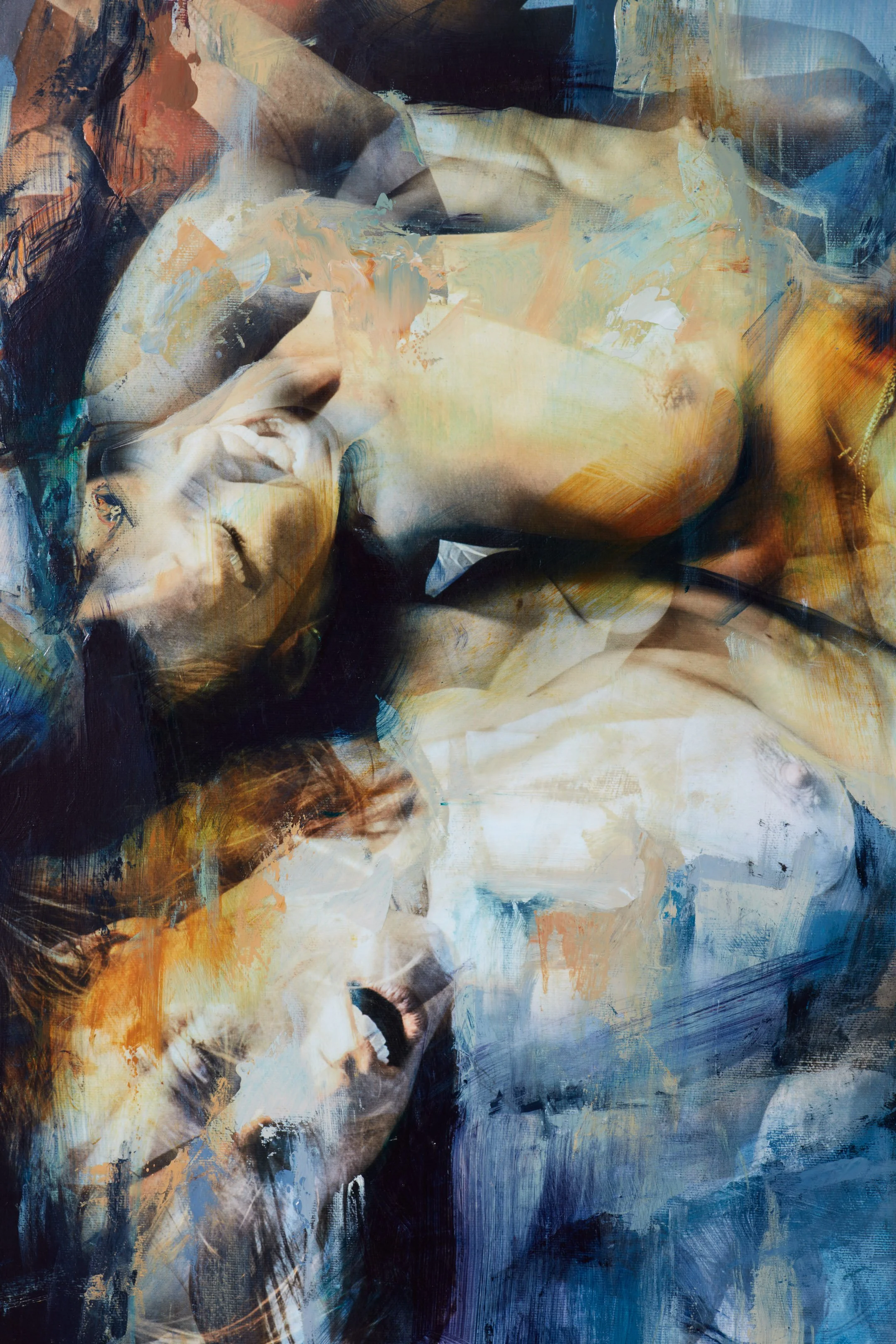 Abstract painting of two women lying on the ground, one with dark hair and the other with reddish hair, with expressive brushstrokes and layered colors.