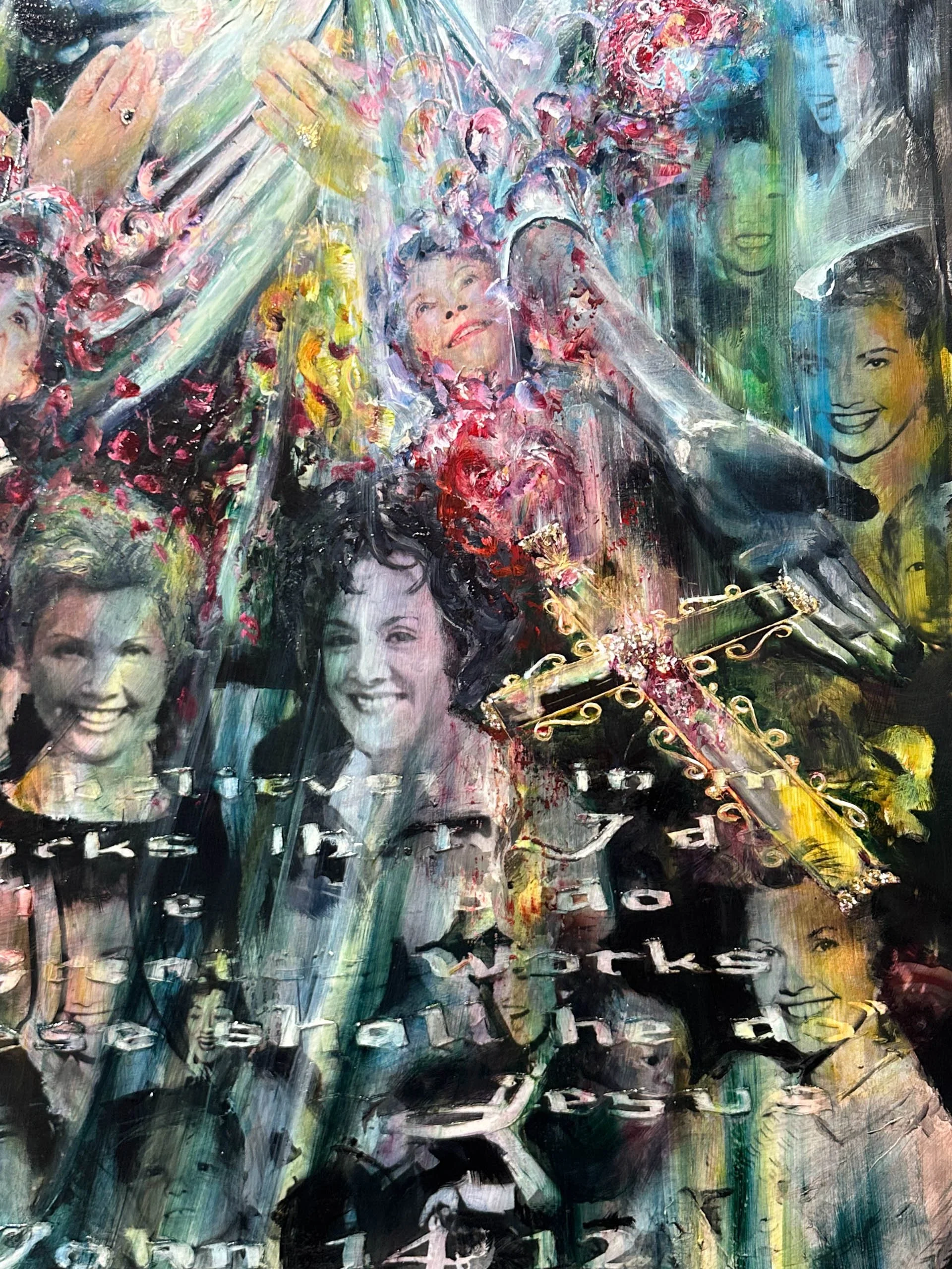 A colorful abstract painting featuring multiple smiling women and a young girl, with vibrant flowers, a cross, and a mix of expressive brushstrokes.