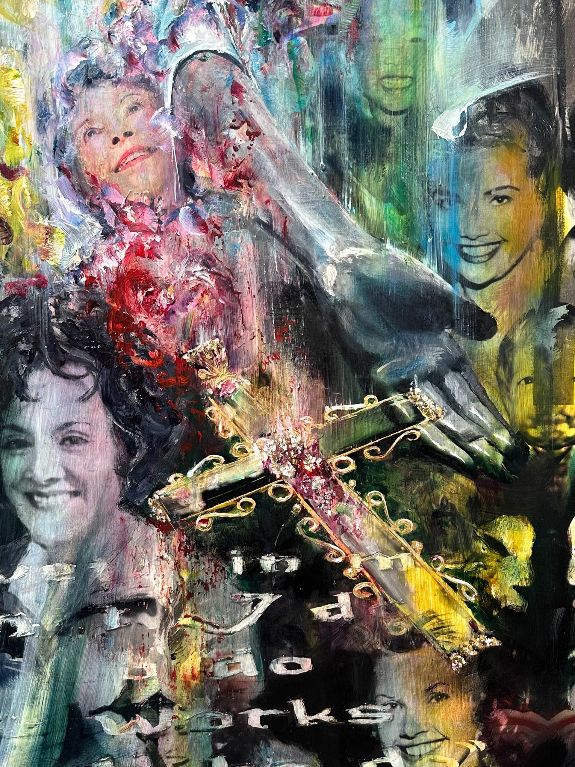 Multicolored abstract painting featuring smiling women, floral designs, and decorative elements.