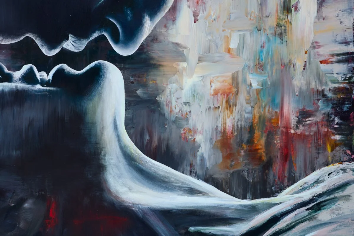 A surreal painting of two faces close together in profile, with flowing drips and abstract brushstrokes in vibrant colors in the background.