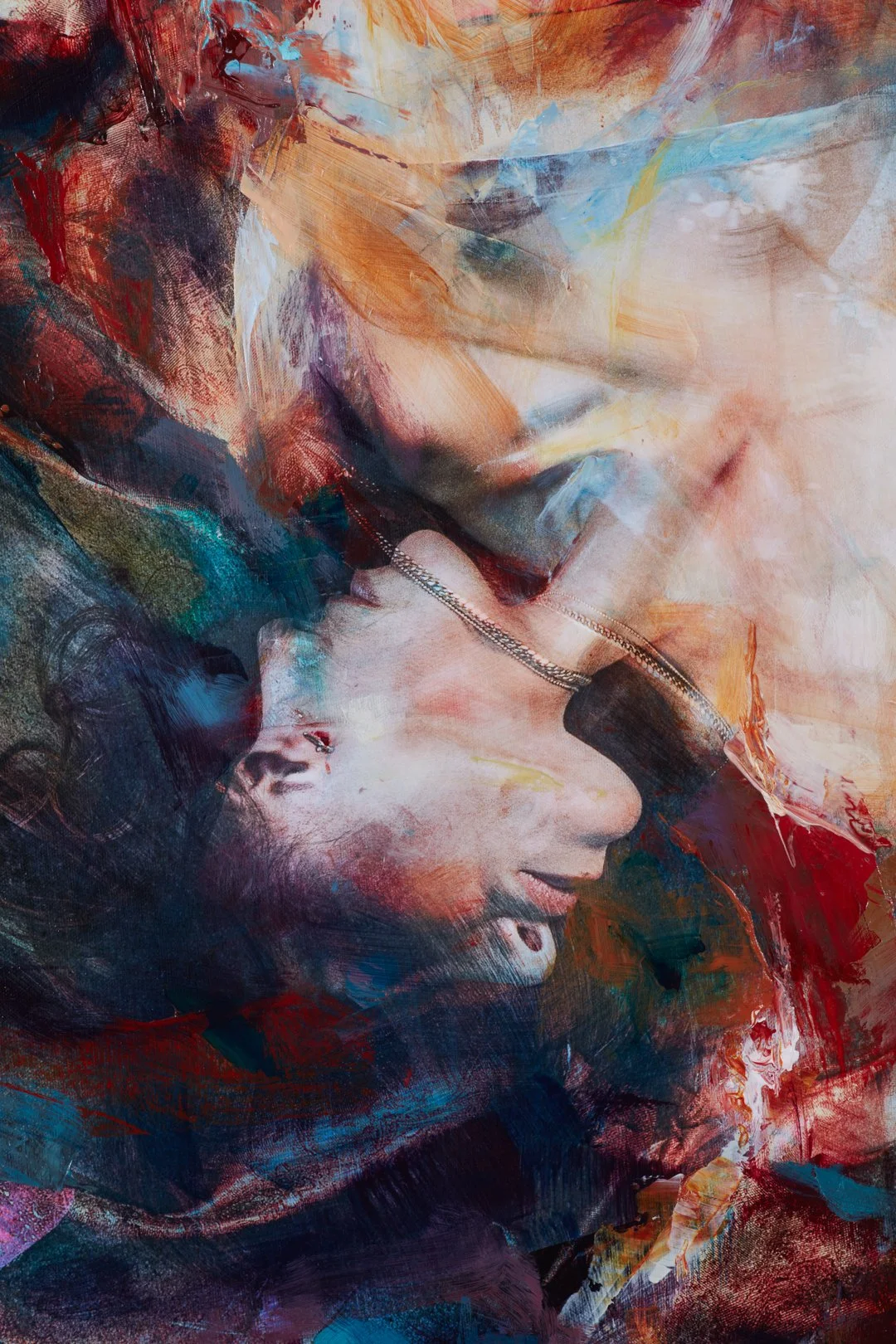 A colorful abstract painting of a woman's face in profile, with closed eyes, featuring vibrant brushstrokes in reds, blues, oranges, and whites.