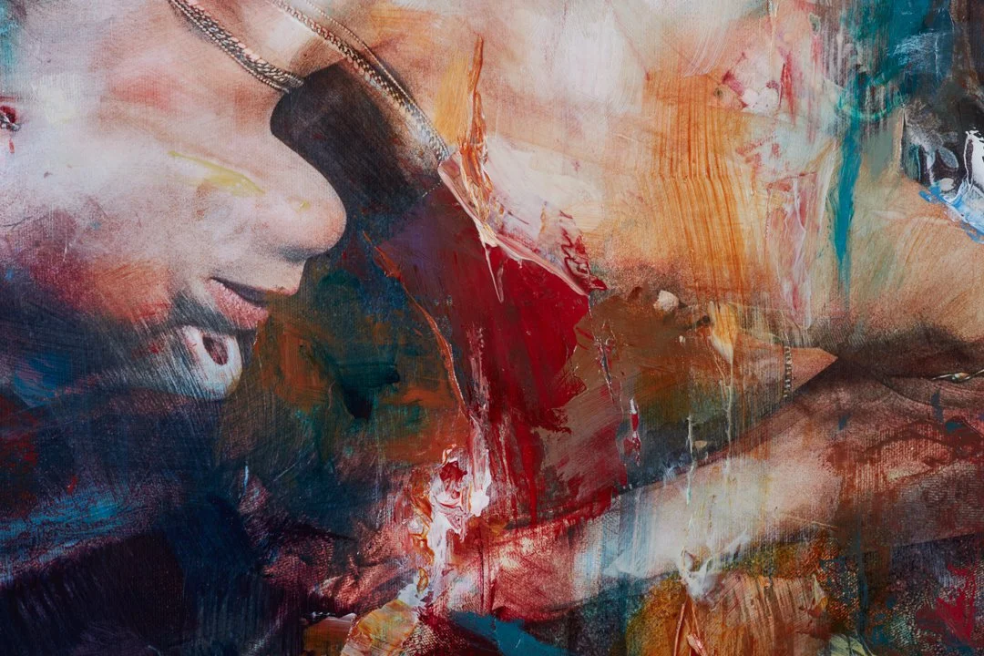 Abstract painting with a woman's face profile on the left, with vibrant colors and textured brushstrokes.