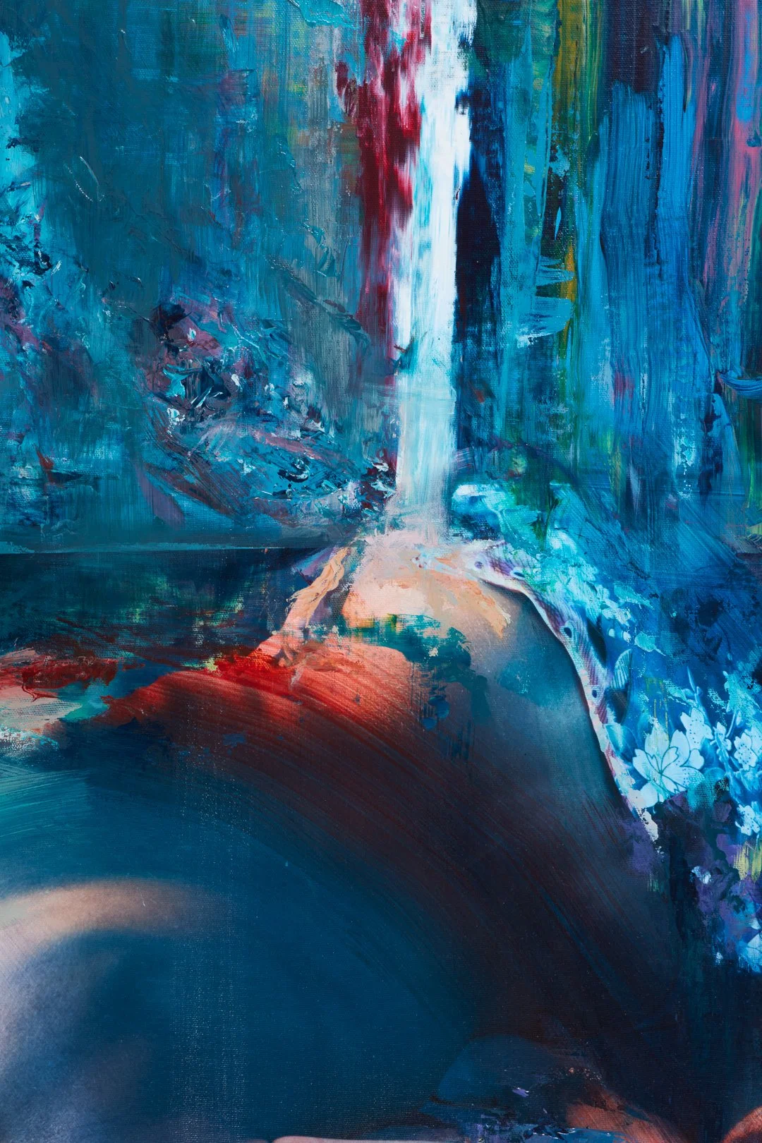 Abstract painting with a waterfall and surrounding landscape in shades of blue, white, red, and purple.