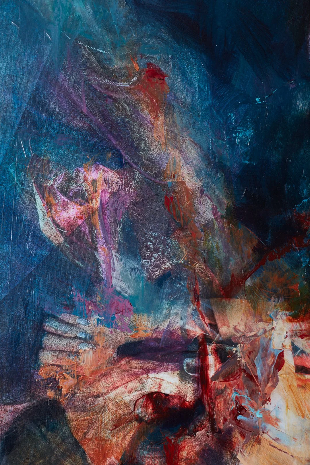 Abstract painting with figures and vibrant colors, including reds, purples, blues, and oranges.