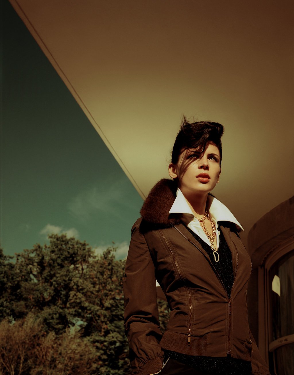 A woman with dark hair, wearing a brown jacket with a furry collar, stands outdoors against a backdrop of trees and a two-tone sky with greenish and beige hues.