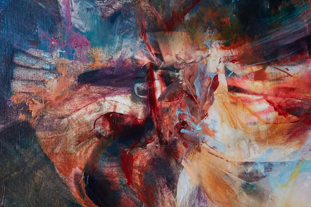 Abstract painting with vibrant reds, blues, and oranges blending together with textured and brushstroke effects.