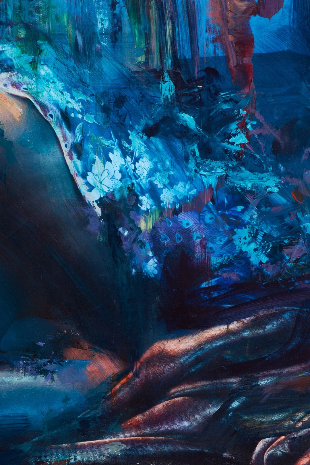 Abstract painting with blue, red, purple, and black brushstrokes, featuring floral patterns and textured layers.