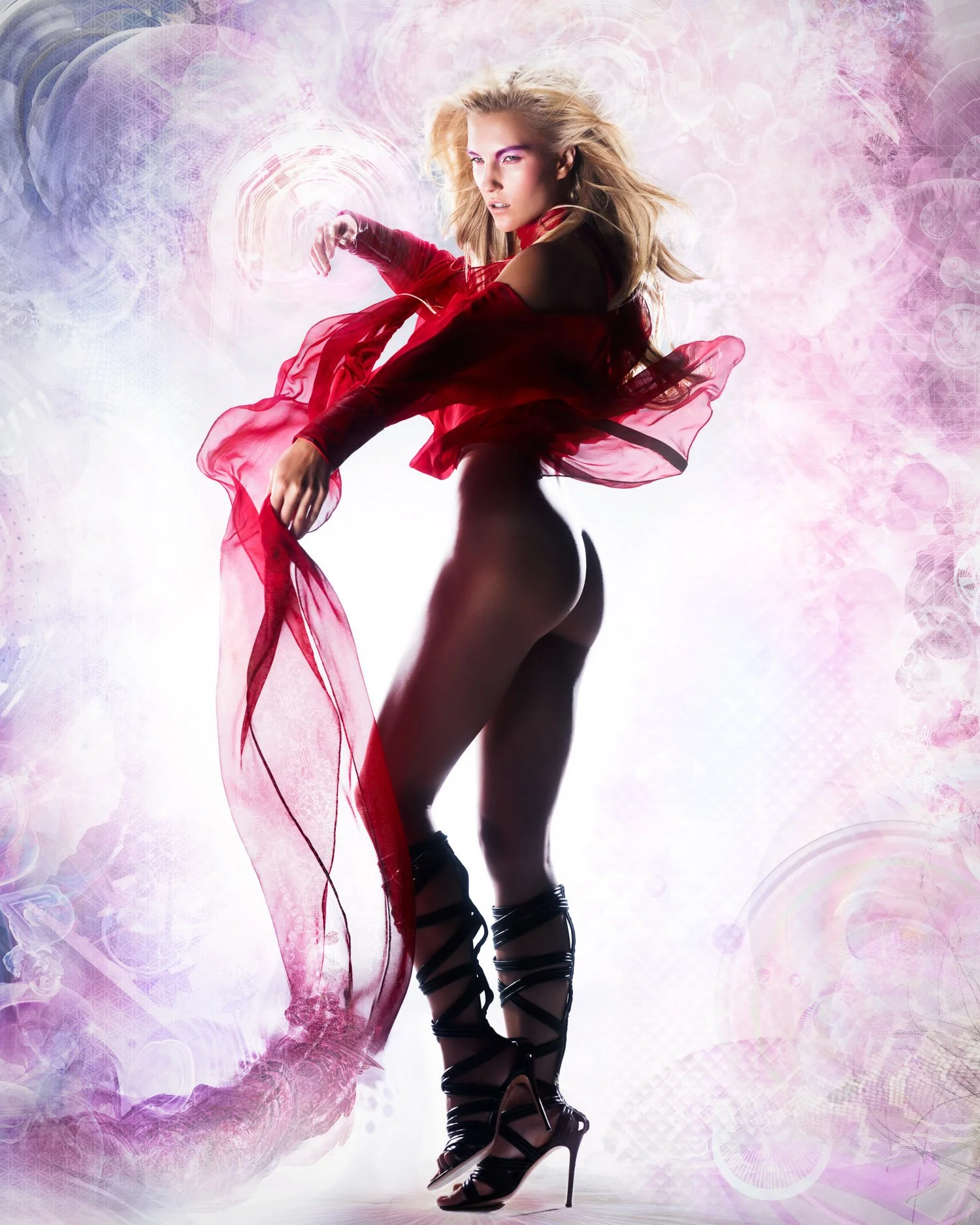A woman wearing a red long-sleeve top, black sheer tights, and high-heeled strappy shoes poses against a pink and purple abstract background with swirling patterns and light effects.