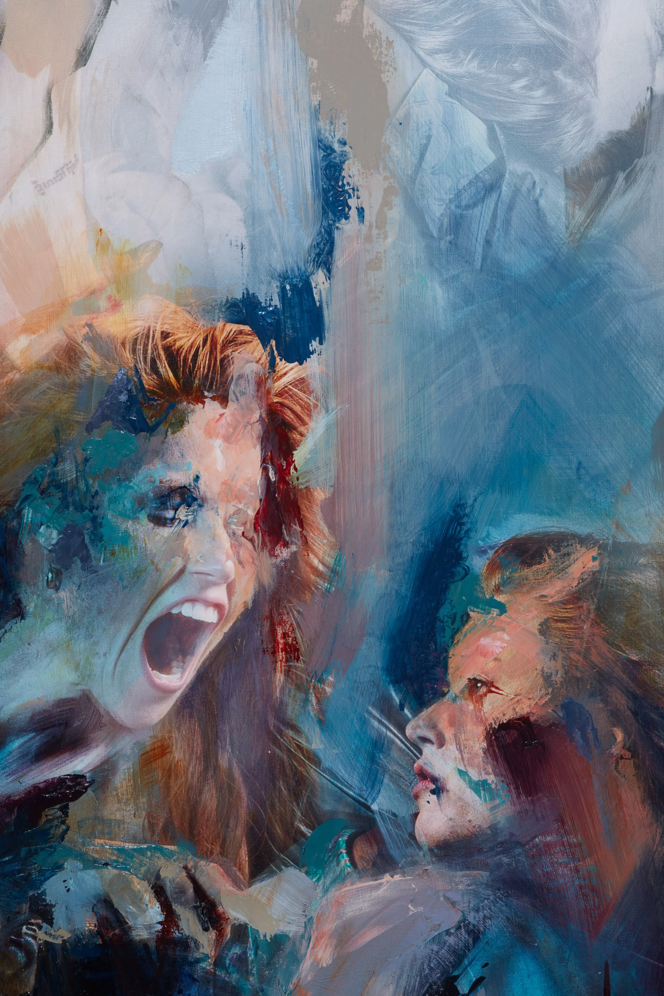Abstract painting of two women facing each other; one screaming with red hair, the other calm with brown hair, both with expressive brushstrokes in blue, red, and neutral tones.
