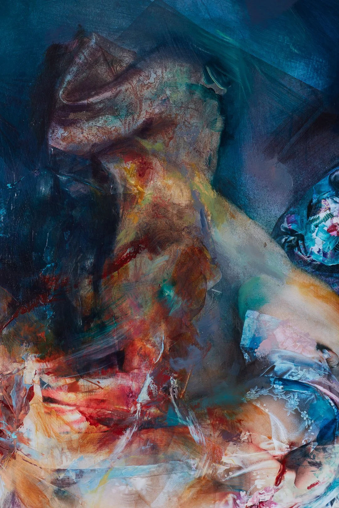 An abstract painting of a woman with closed eyes and flowing hair, created with broad, expressive brushstrokes and a vivid color palette.