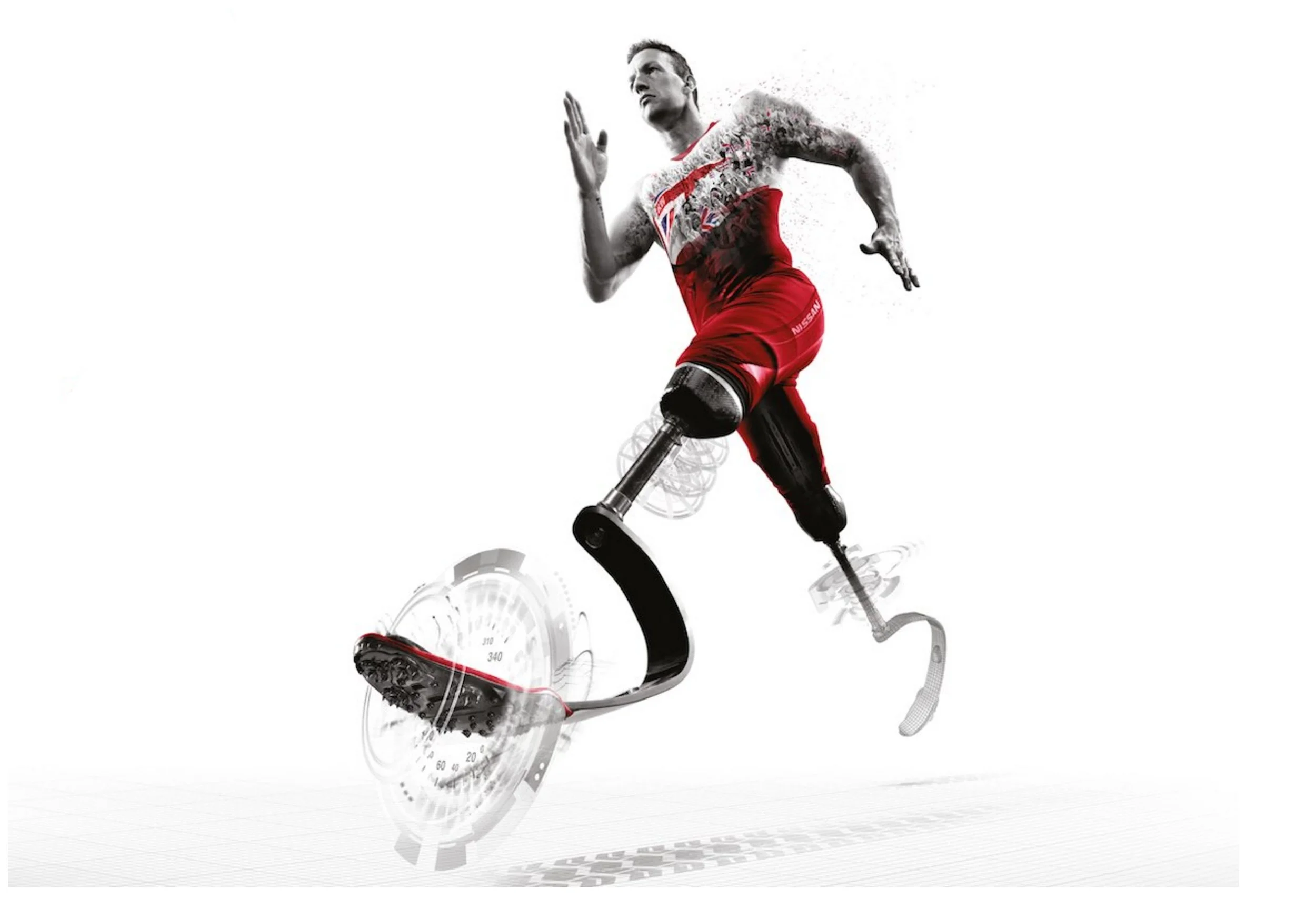 A digital illustration of a man with a human upper body and a prosthetic leg, running with a dynamic pose, wearing a red sports uniform. The image combines realistic human features with a futuristic, robotic lower body and leg, with abstract design e
