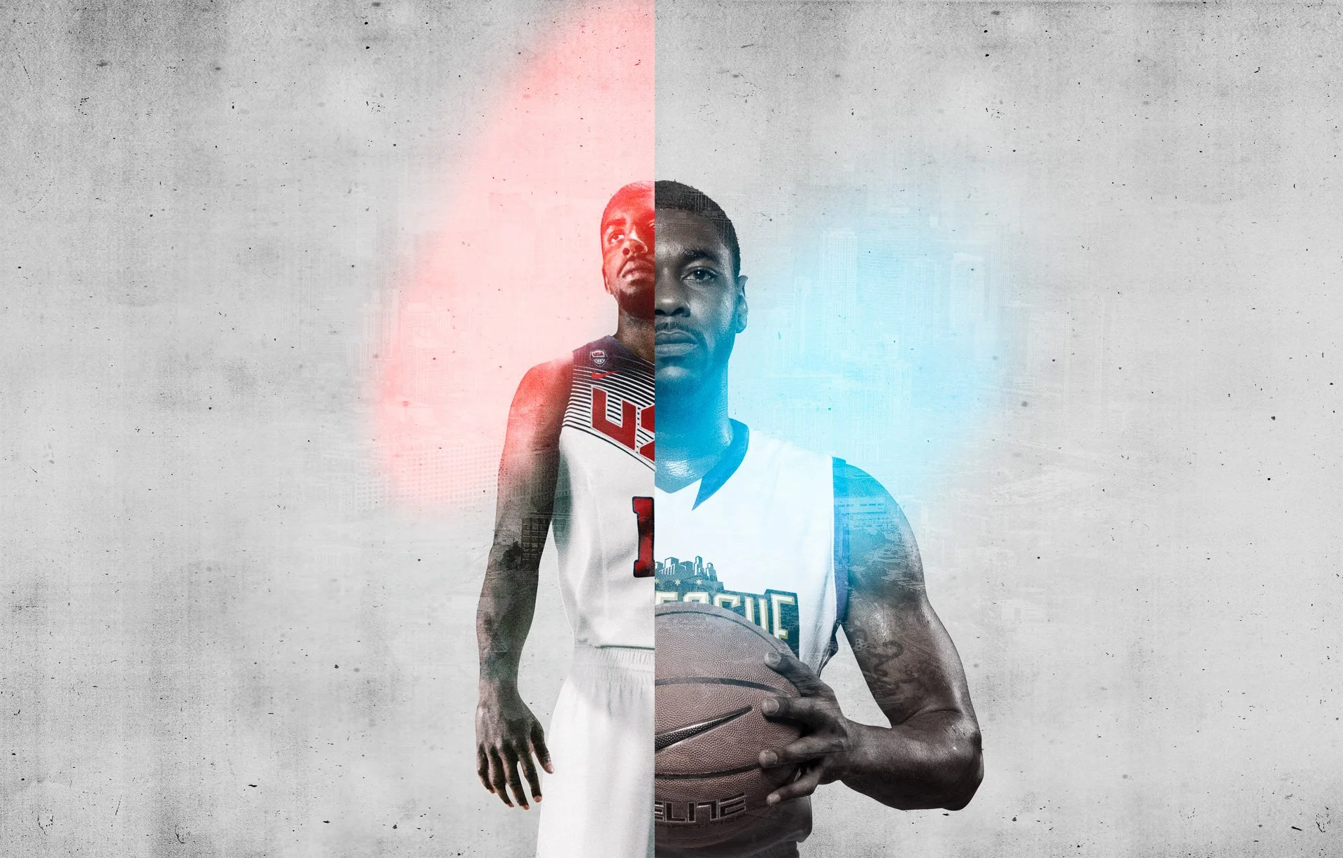 A digitally edited photo of a NIKE OLYMPICS male basketball player, with the left half in red and black uniform and the right half in blue and white uniform, holding a basketball against a gray background.
